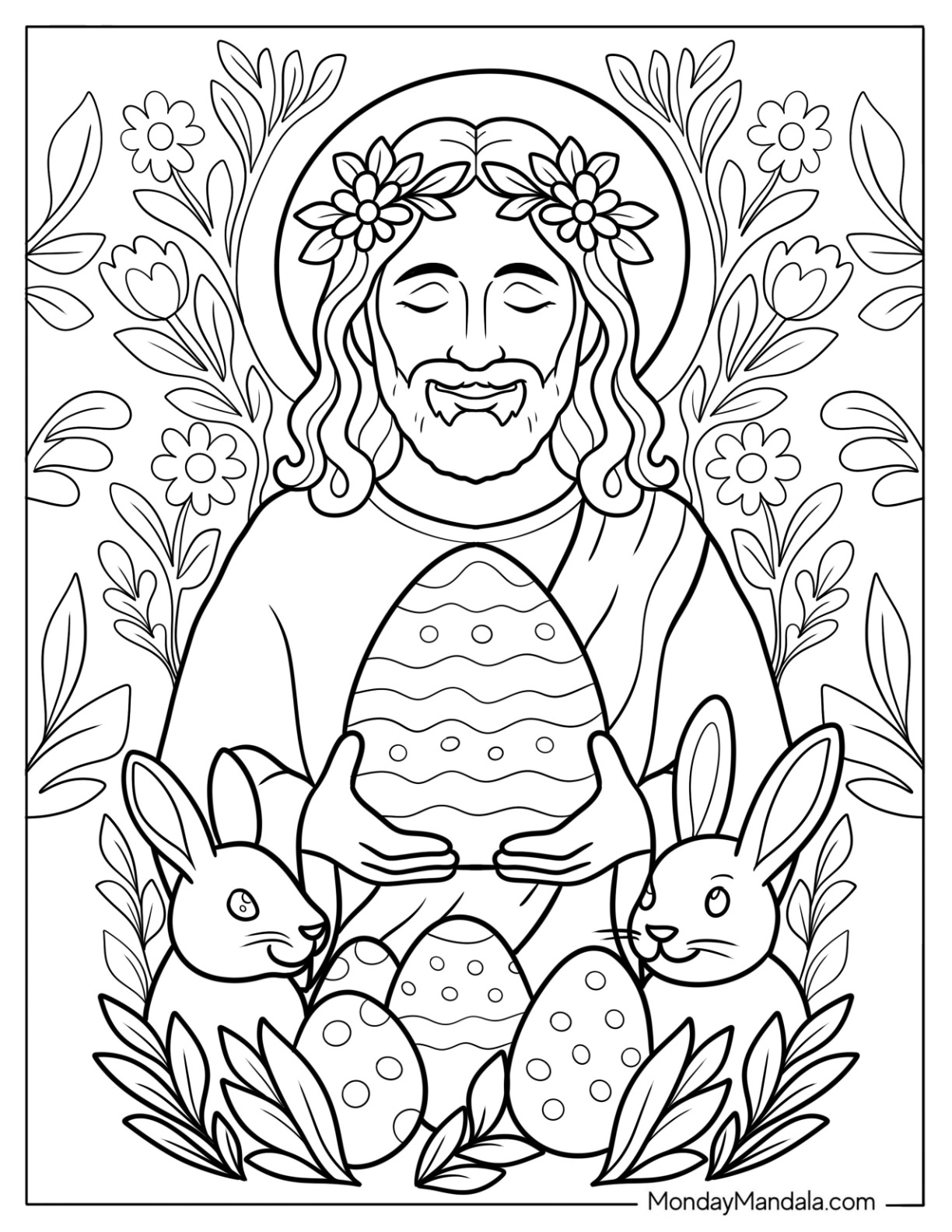 Jesus Holding An Easter Coloring Page Of Egg While Surrounded By Bunnies coloring page — printable line art