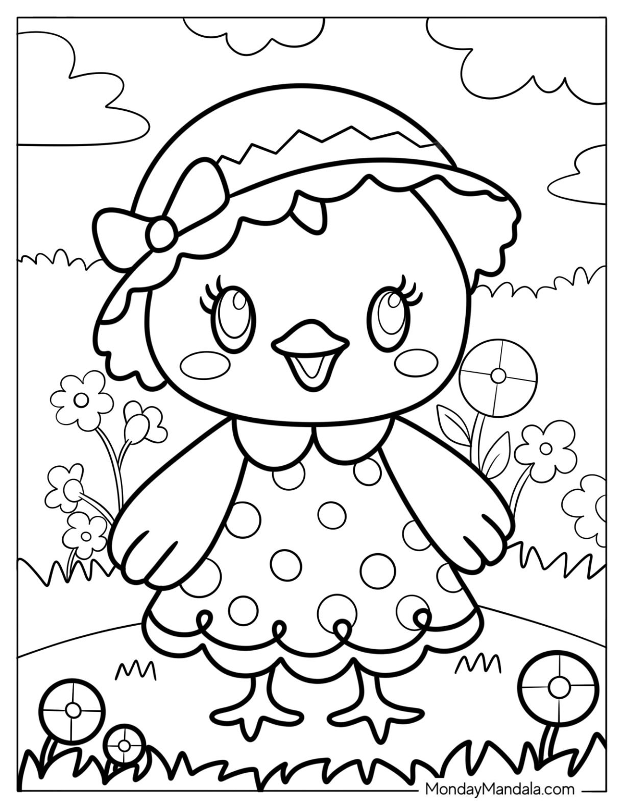 Kawaii Duck In Pola Dot Dress In Easter Coloring Page coloring page — printable line art