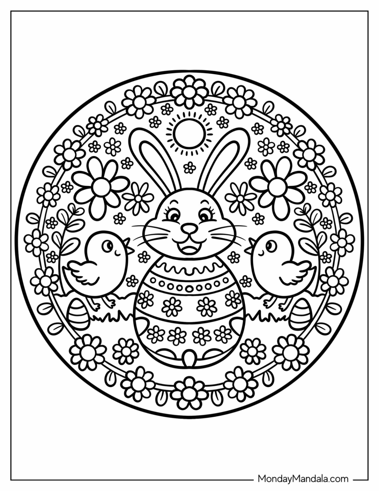 Kawaii Easter Coloring Page of Mandala with Chicks, Bunny, Eggs, and Flowers coloring page