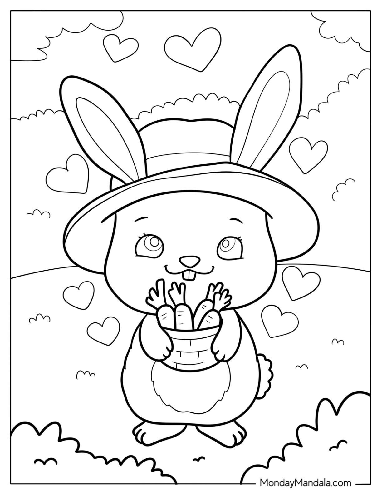 Lovely Easter Coloring Page Of Bunny With A Basket Of Carrots coloring page — printable line art