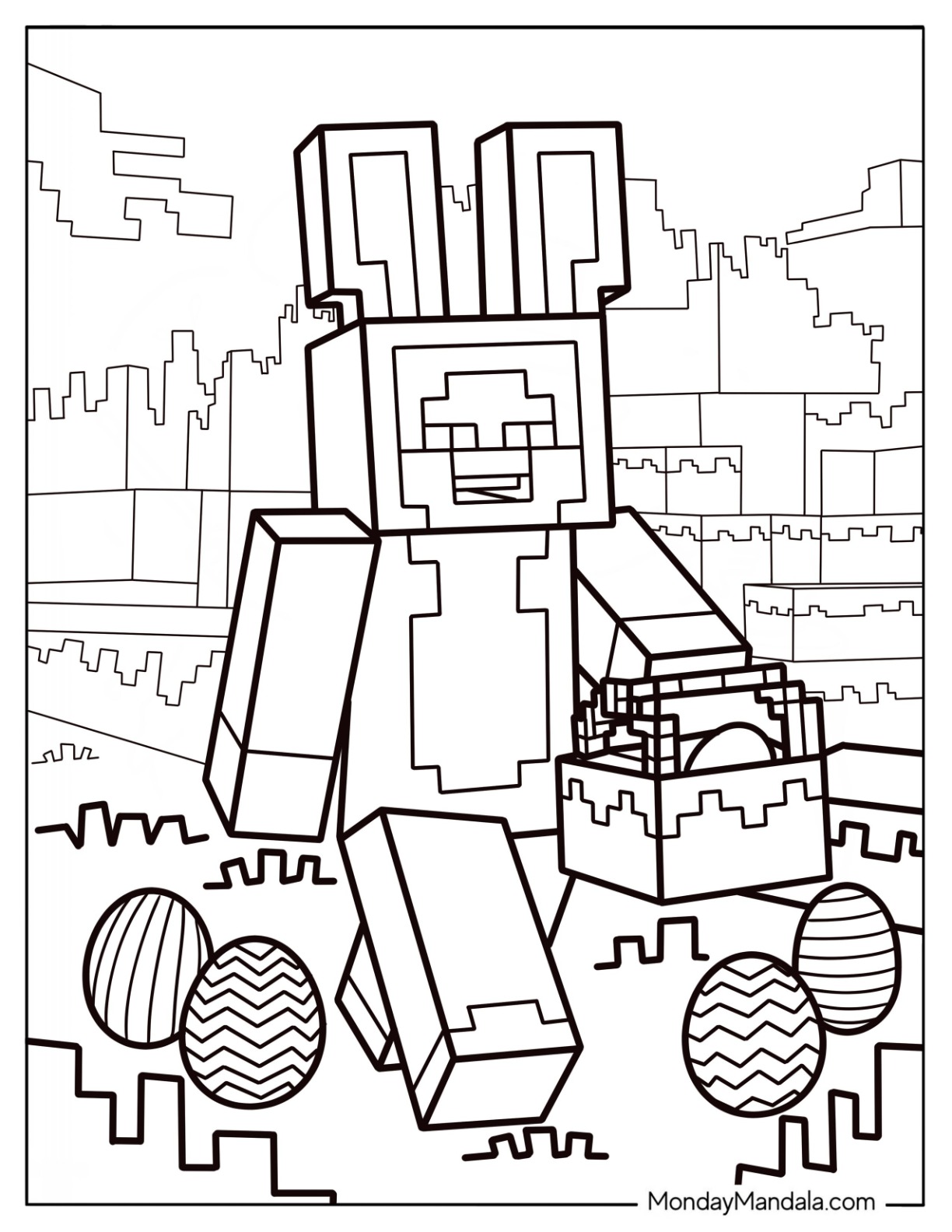 Minecraft Steve With Bunny Ears And Easter Coloring Page Of Eggs coloring page — printable line art