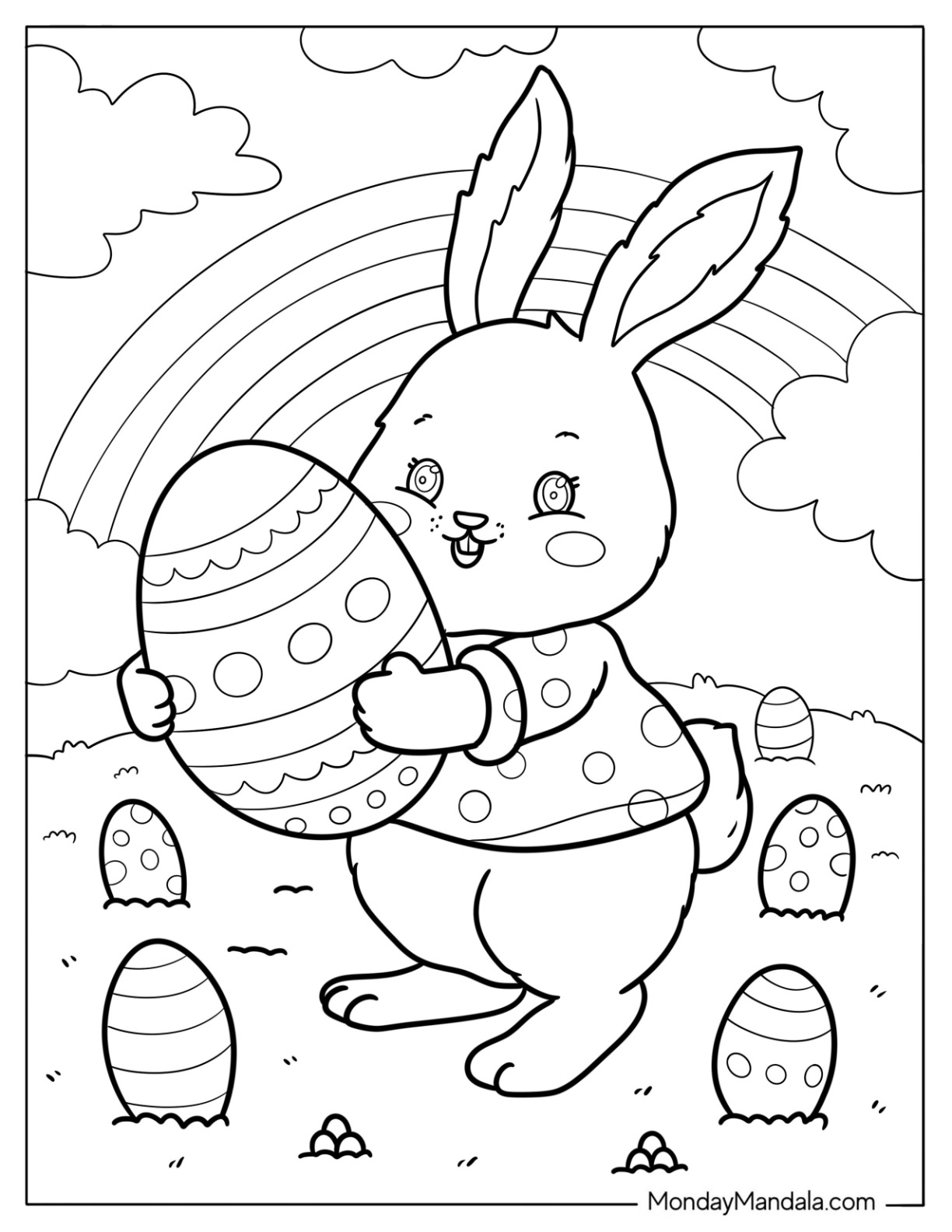 Pretty Bunny In Sweater Holding A Large Easter Coloring Page Of Egg coloring page