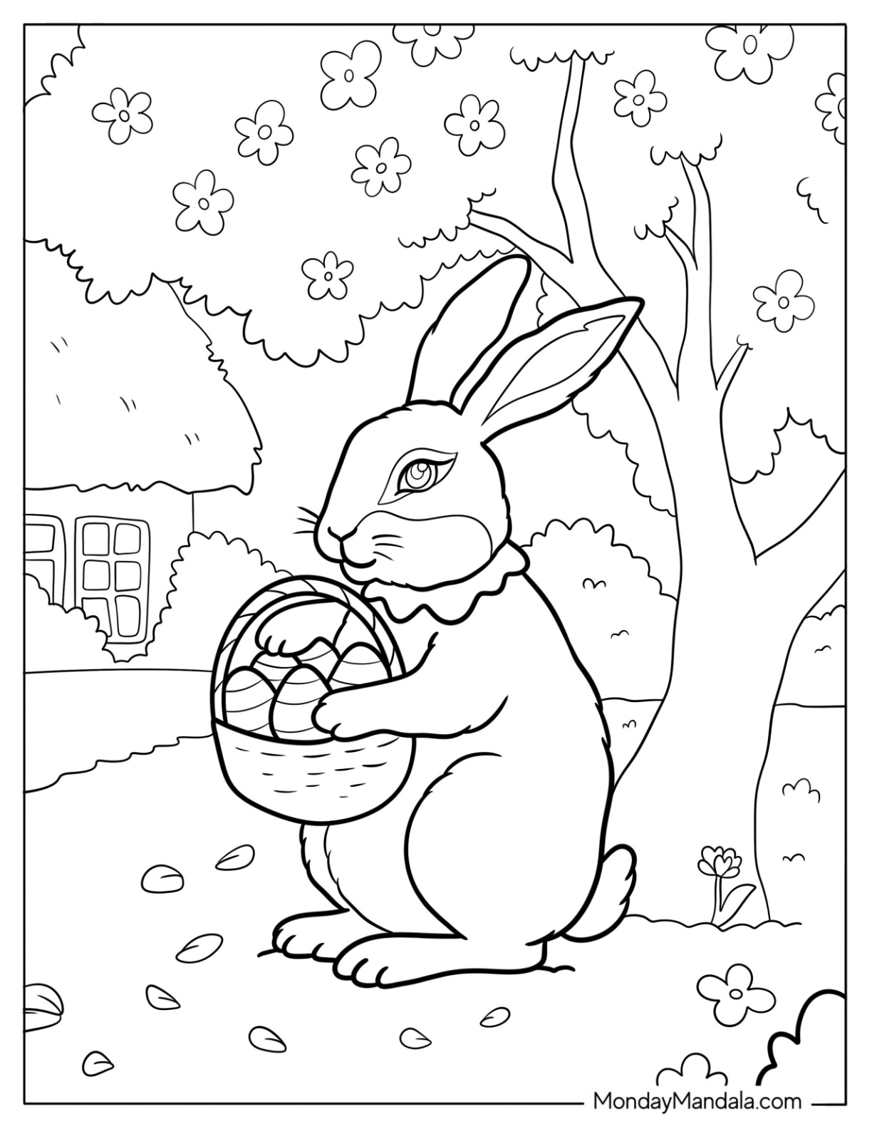Realistic Bunny Carrying A Basket Of Easter Coloring Page Of Eggs coloring page