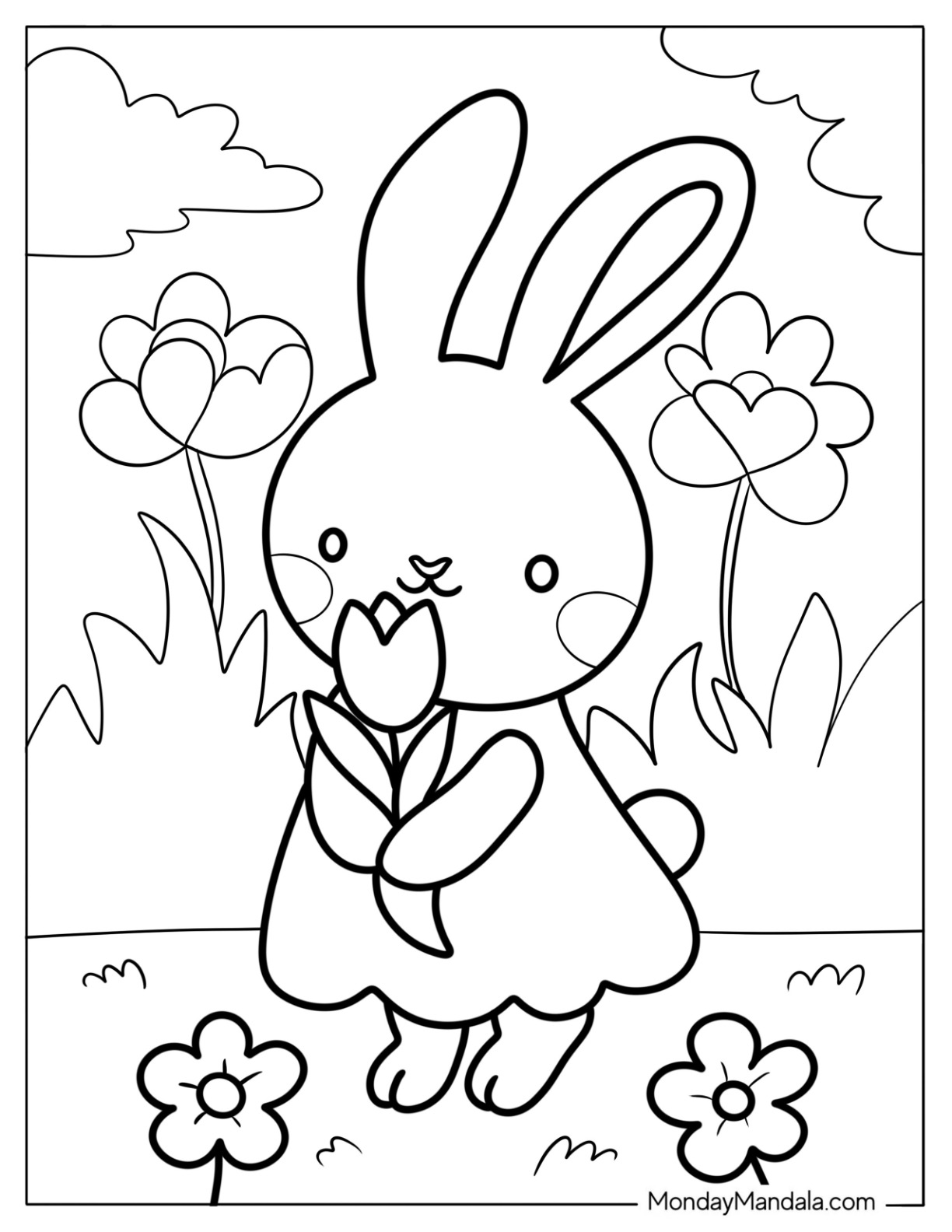 Simple Easter Coloring Page Of Bunny In A Dress Sniffing A Flower For Preschoolers coloring page — printable line art