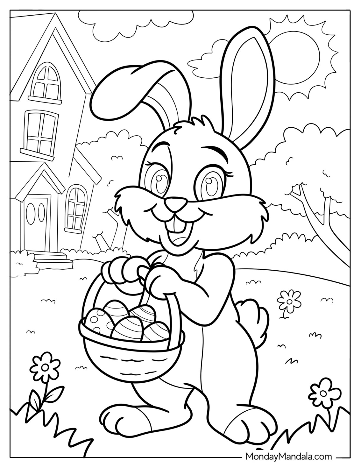 Smiling Bunny Holding A Basket Of Easter Coloring Page Of Eggs For Kids coloring page — printable line art
