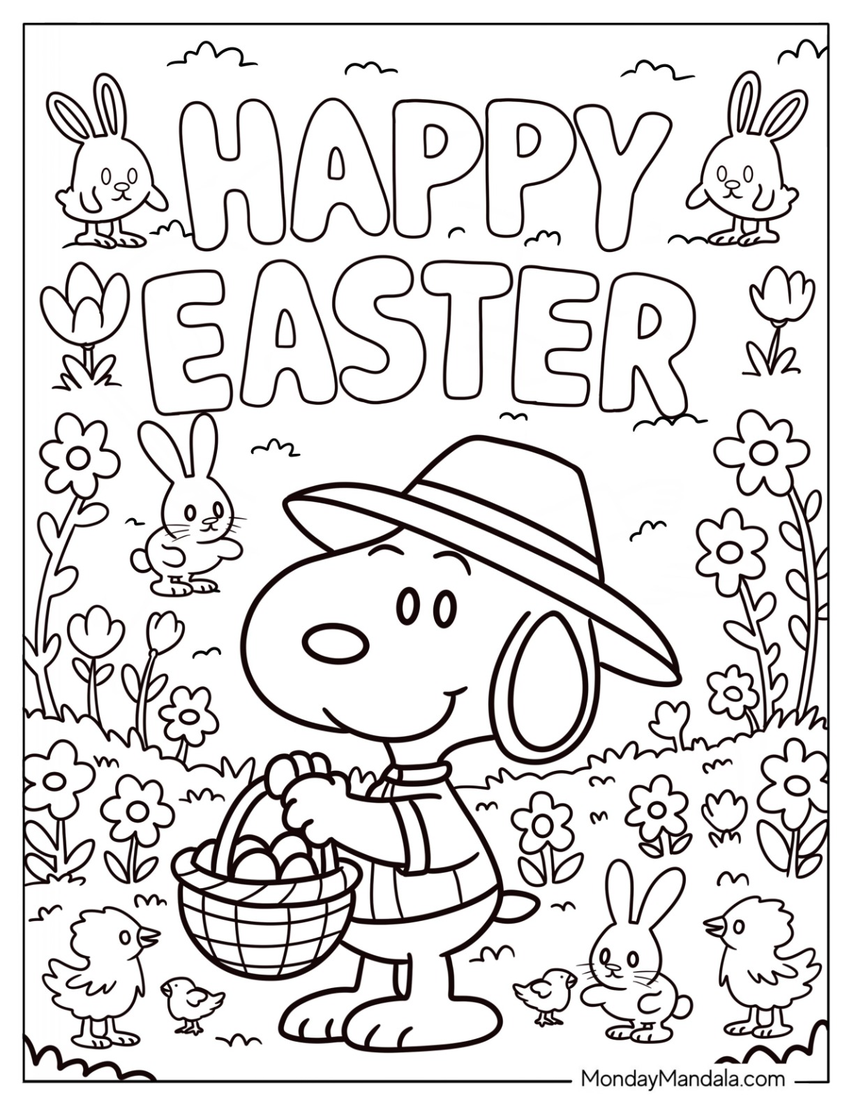 Snoopy Collecting Easter Coloring Page Of Eggs In The Garden coloring page — printable line art