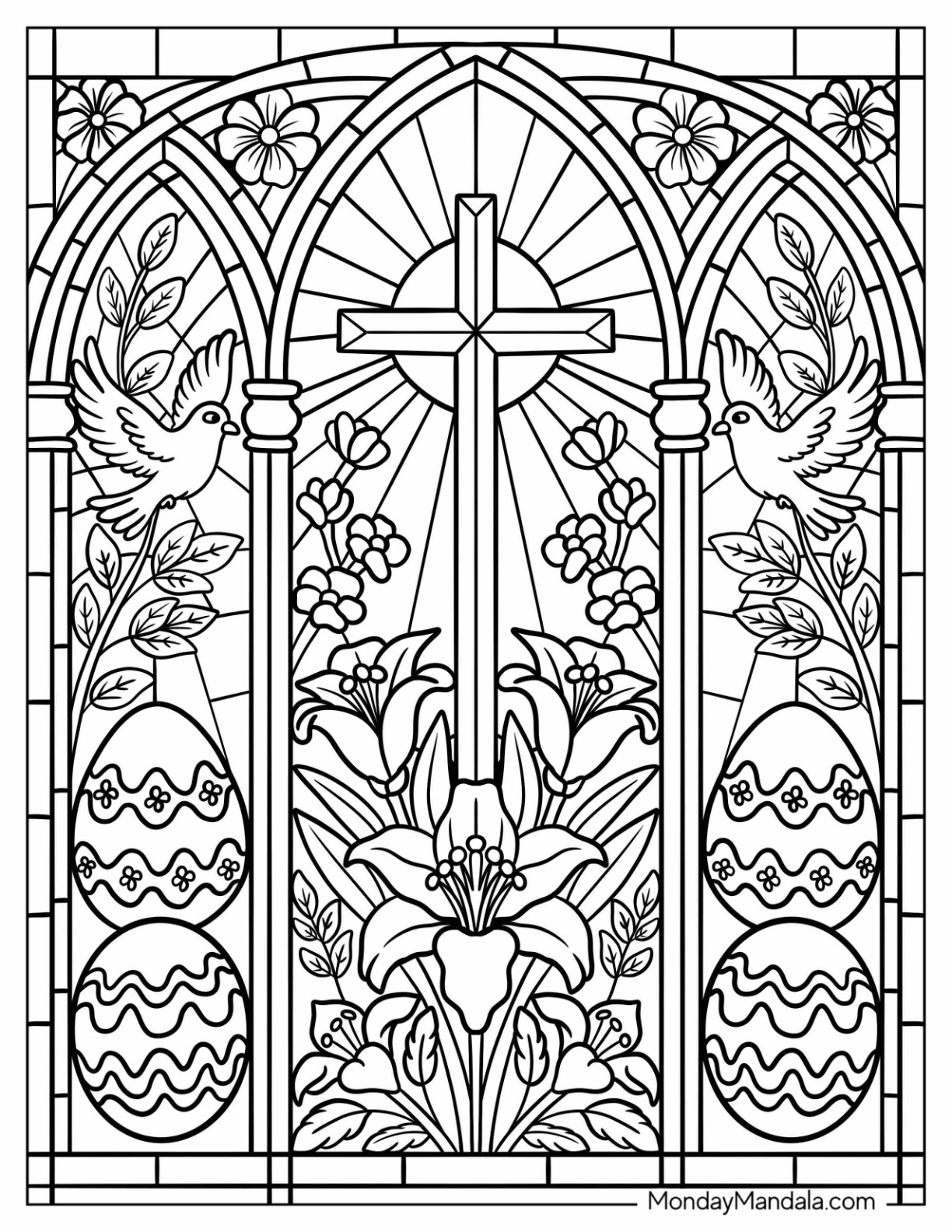 Stained Glass of Cross, Doves, Flowers, and Easter Eggs Coloring Page coloring page