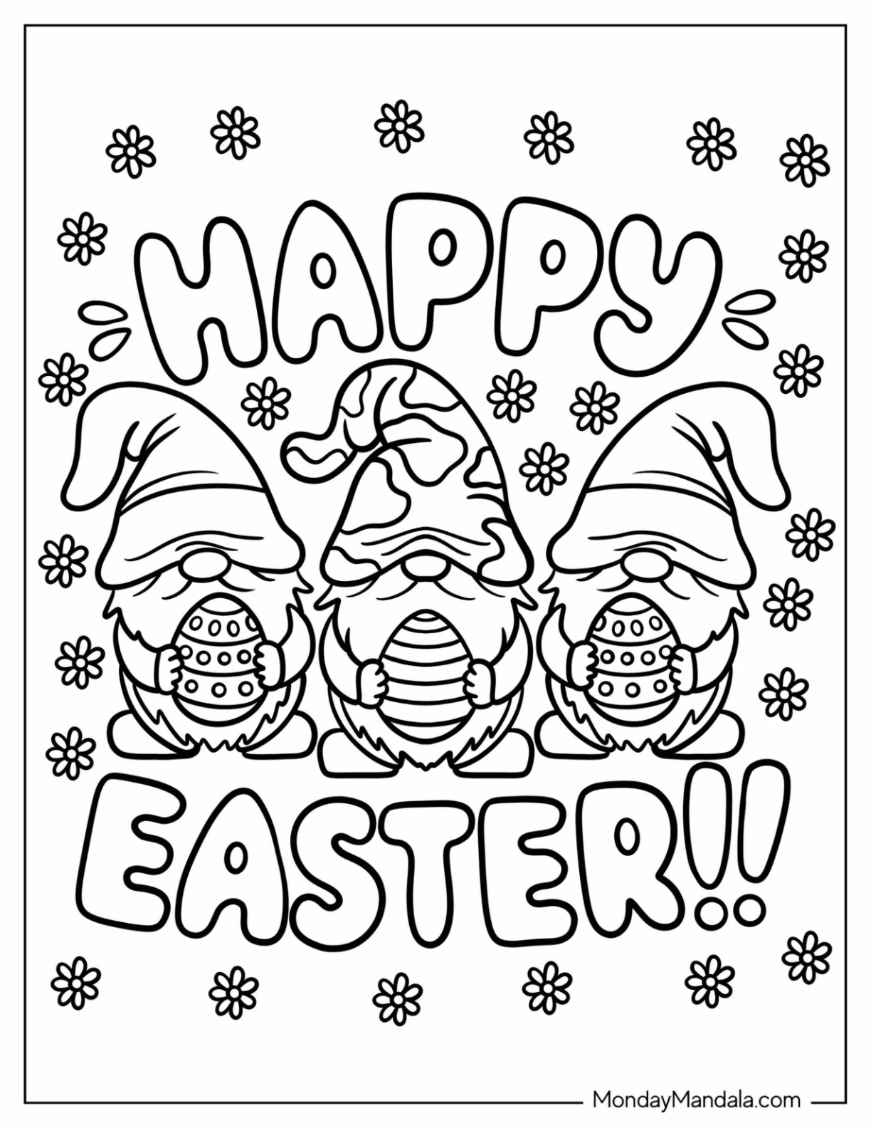 Three Gnomes Holding Easter Eggs Coloring Page for Kids coloring page