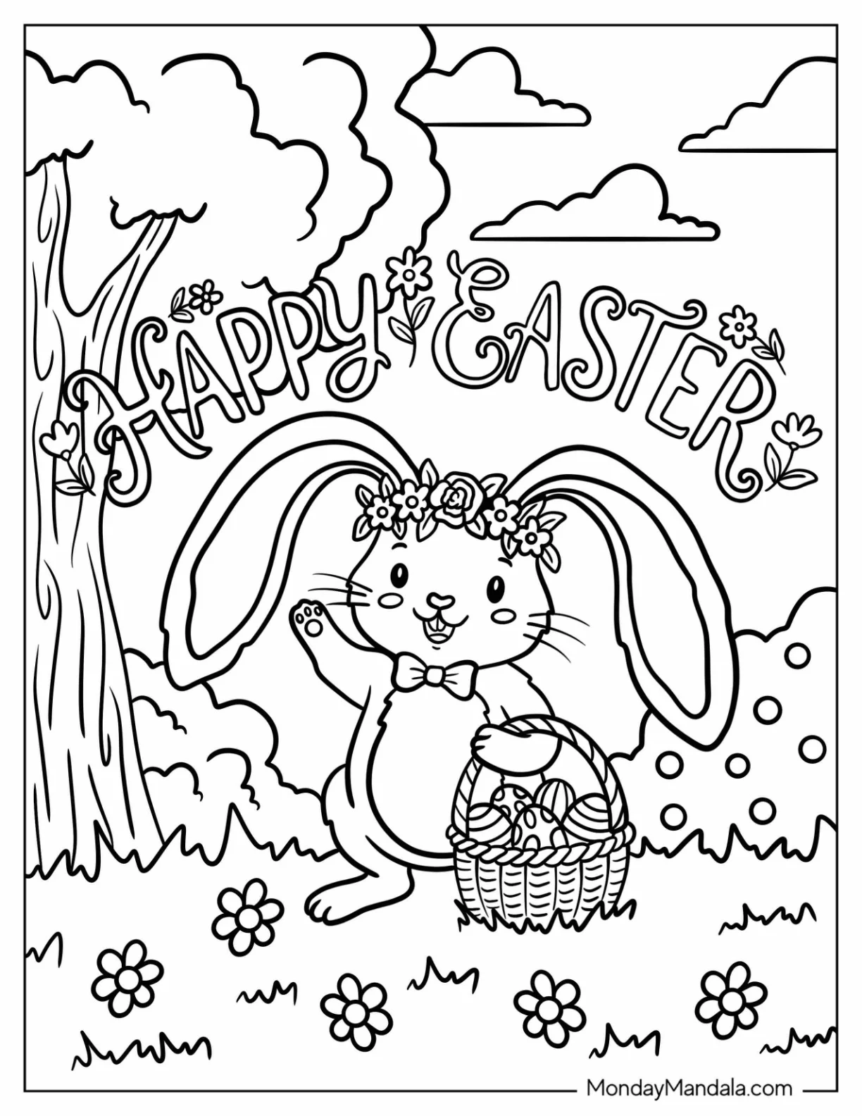 Toothy Bunny Carrying a Basket of Easter Eggs Coloring Sheet coloring page