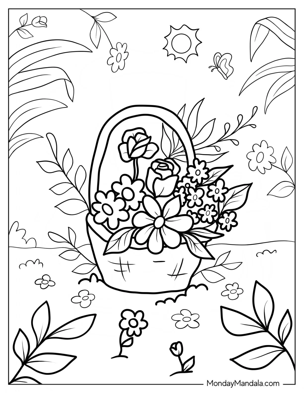 Basket Of Flowers In Spring Coloring Page Garden coloring page