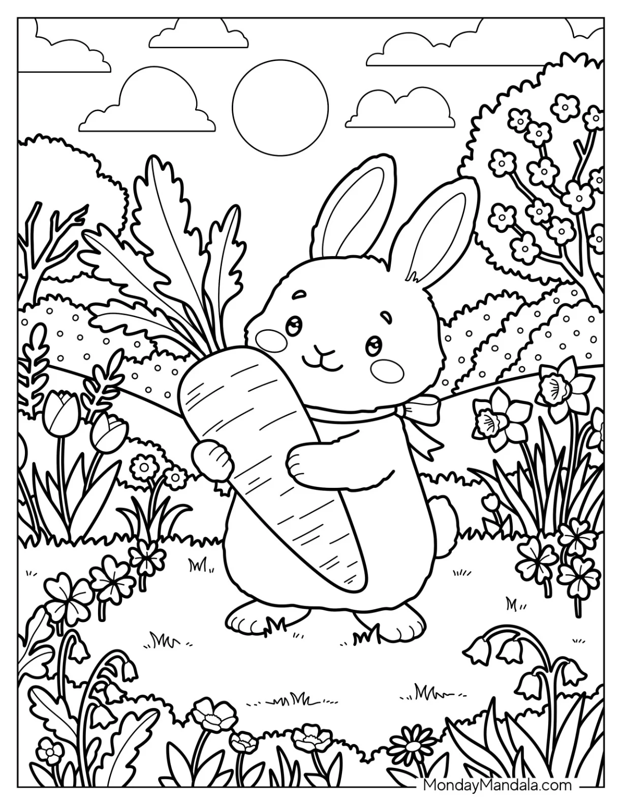 Bunny Holding a Carrot in a Flower Garden for Spring Coloring Sheet for Kids coloring page