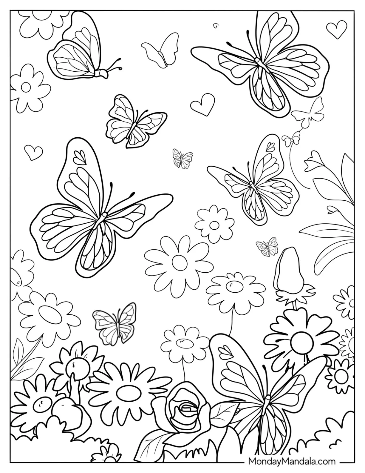 Butterflies Hovering Above Flowers In Spring coloring page — printable line art