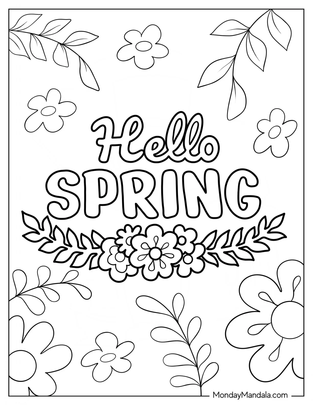Calligraphy Hello Spring Coloring Page With Flower Wreath coloring page