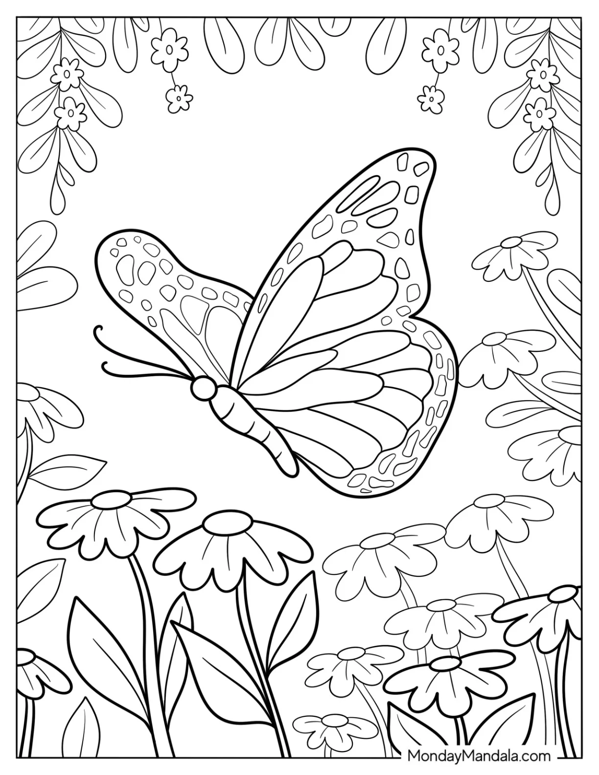 Cartoon Butterfly Hovering Above Daisies In Spring Coloring Page coloring page
