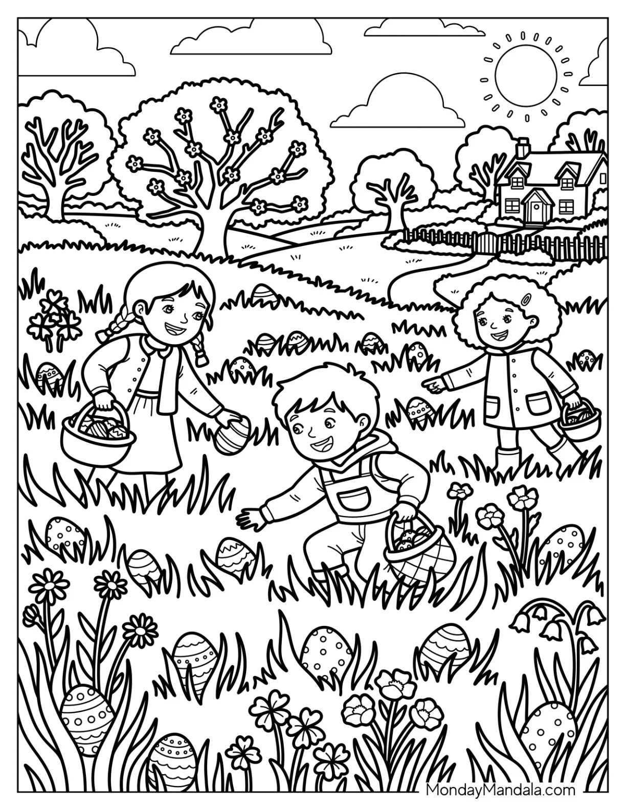 Children Hunting Easter Eggs in a Spring Meadow Coloring Page coloring page — printable line art