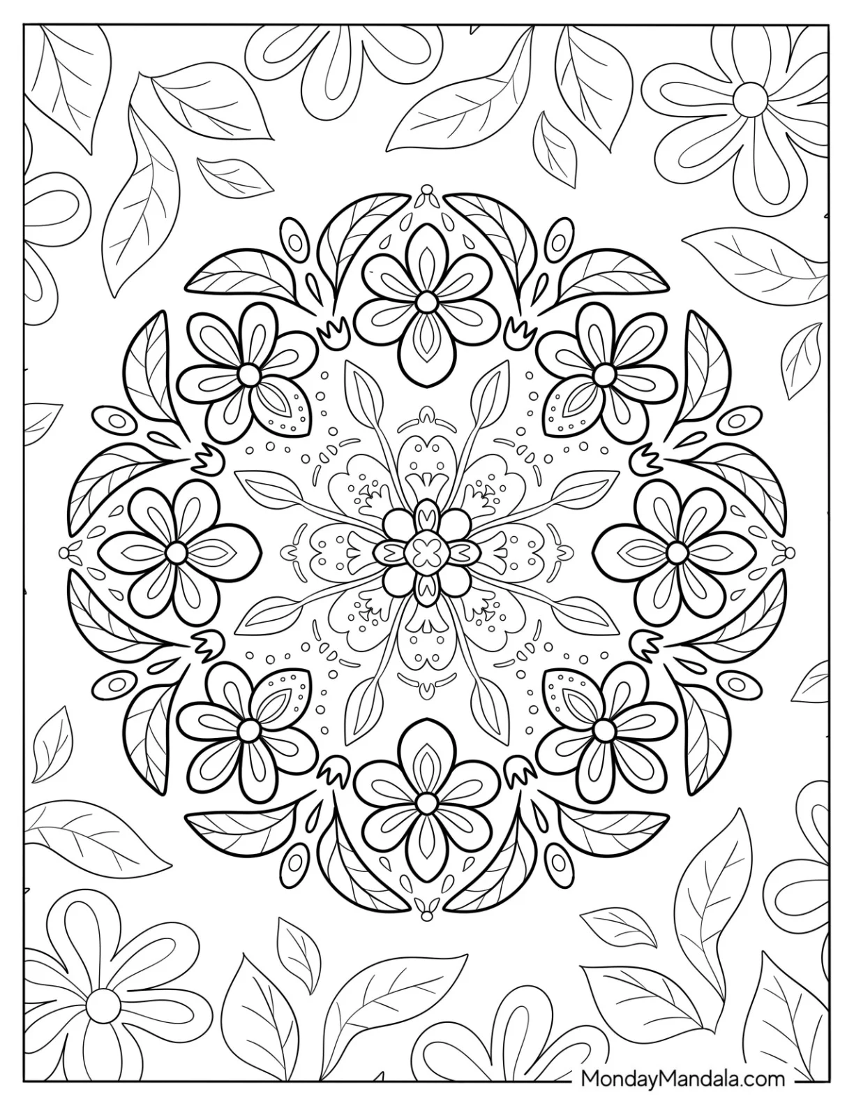 Circle Flower Mandala With Leaves Coloring Page coloring page