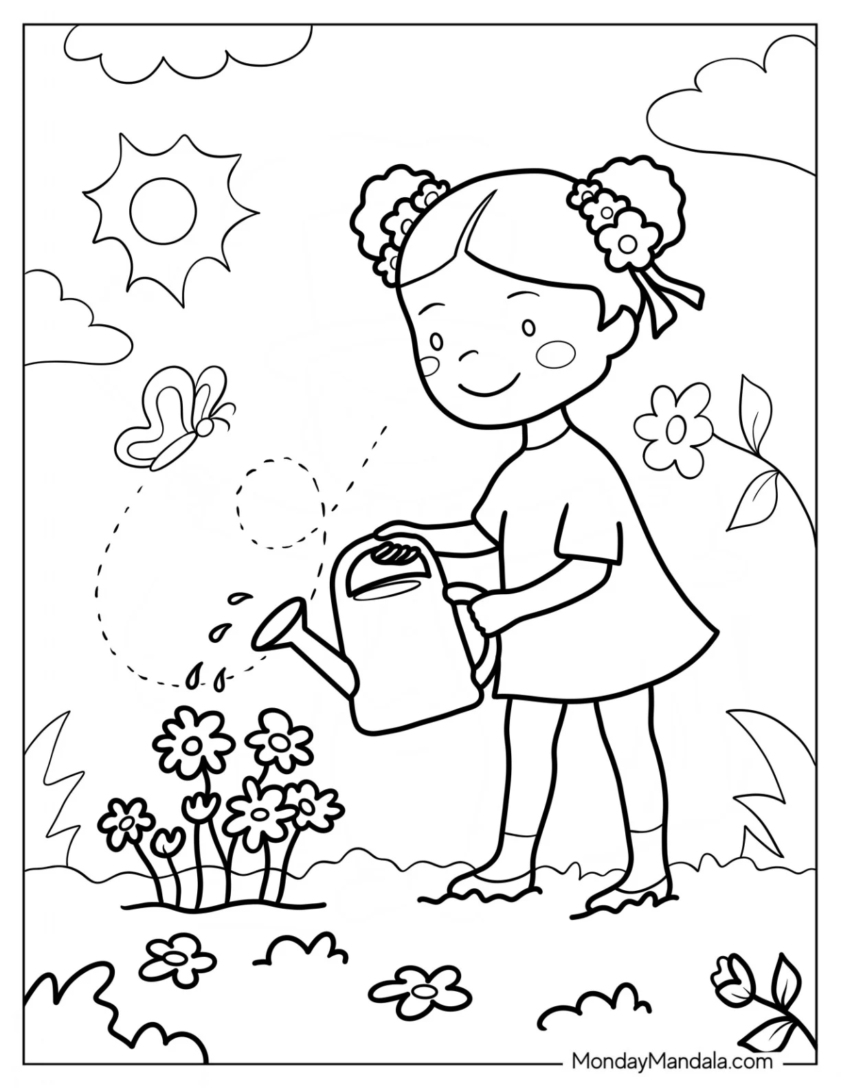 Cute Girl Watering Spring Coloring Page Flowers For Preschoolers coloring page — printable line art