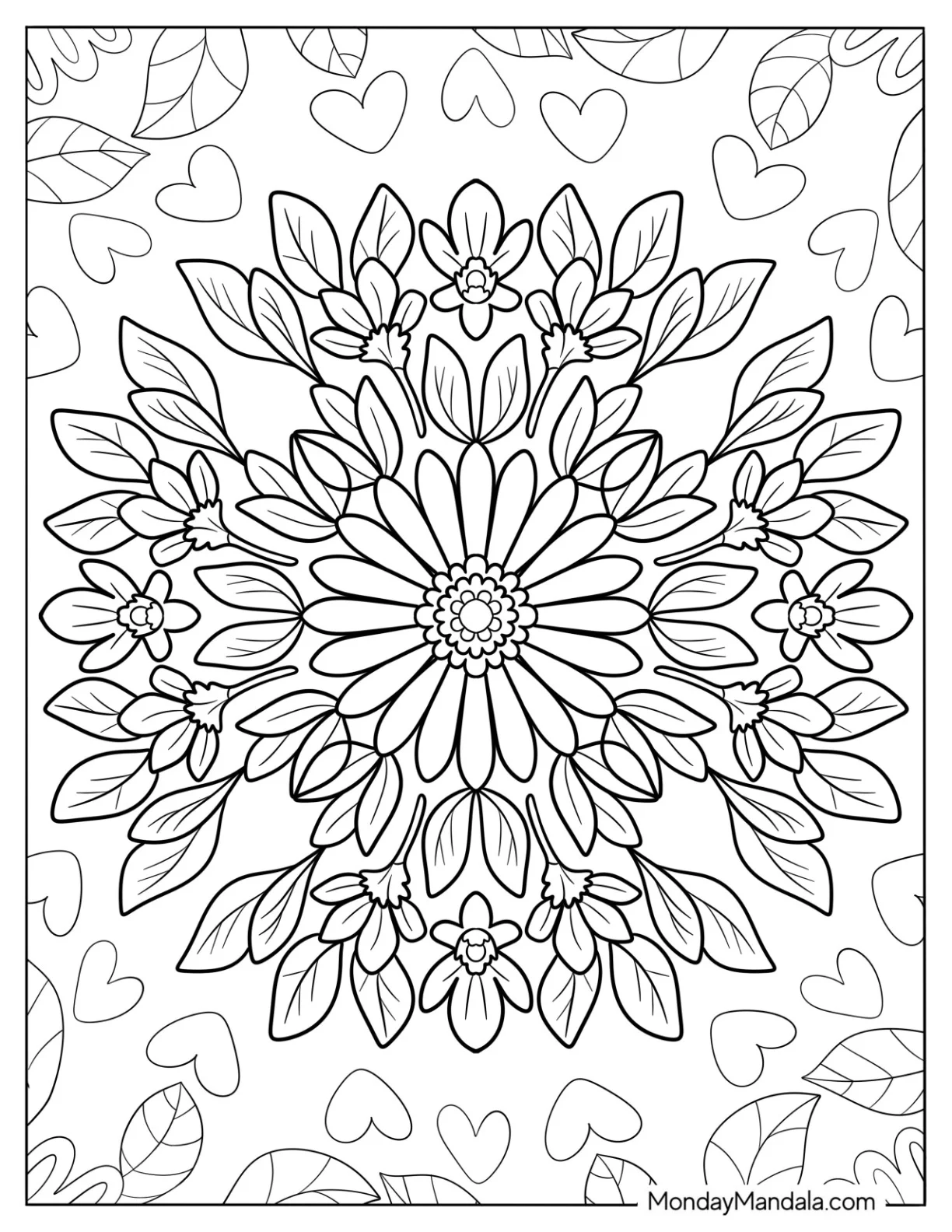 Detailed Flower Mandala With Loose Petals And Leaves Coloring Page coloring page — printable line art