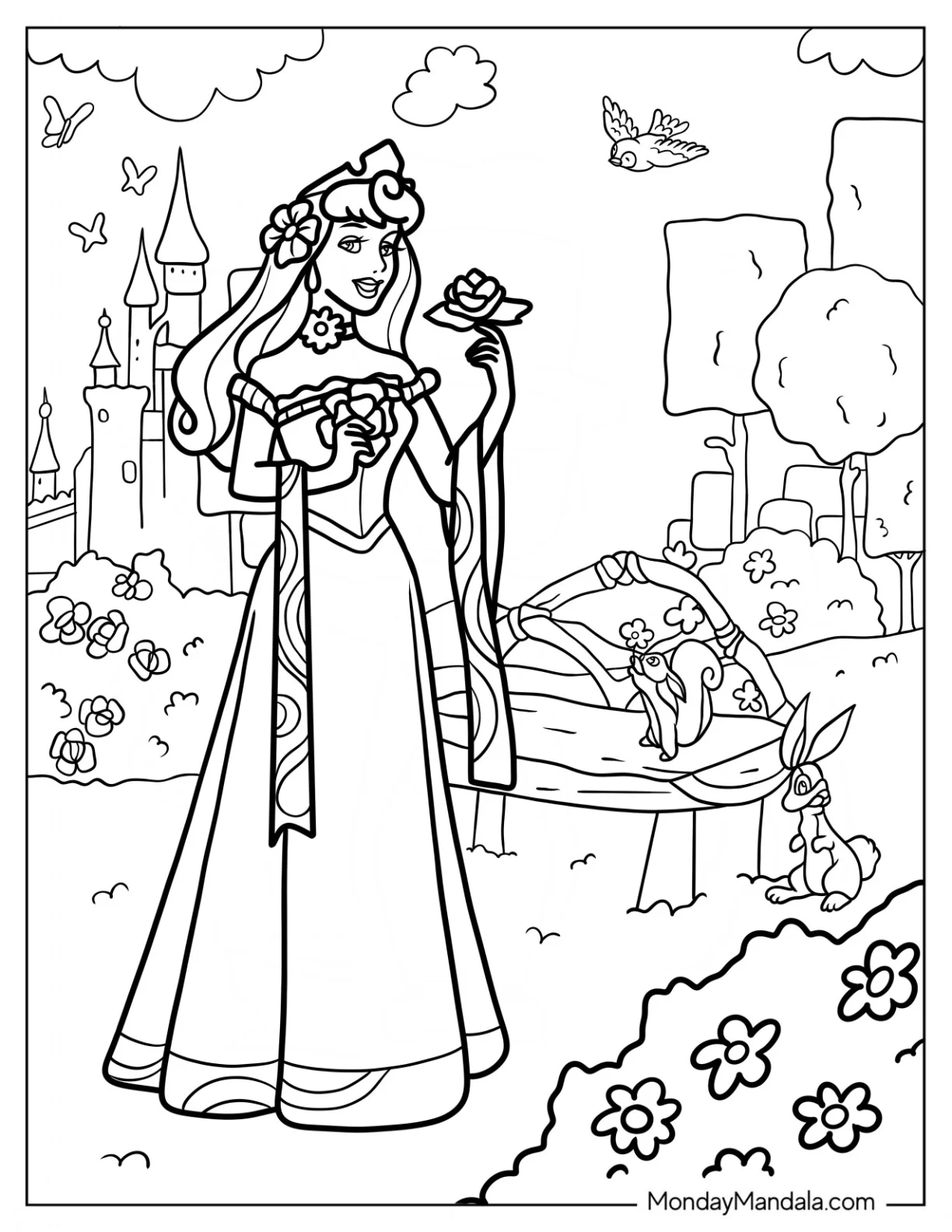 Disney Princess Aurora In Spring Coloring Page Garden Outside The Castle coloring page — printable line art