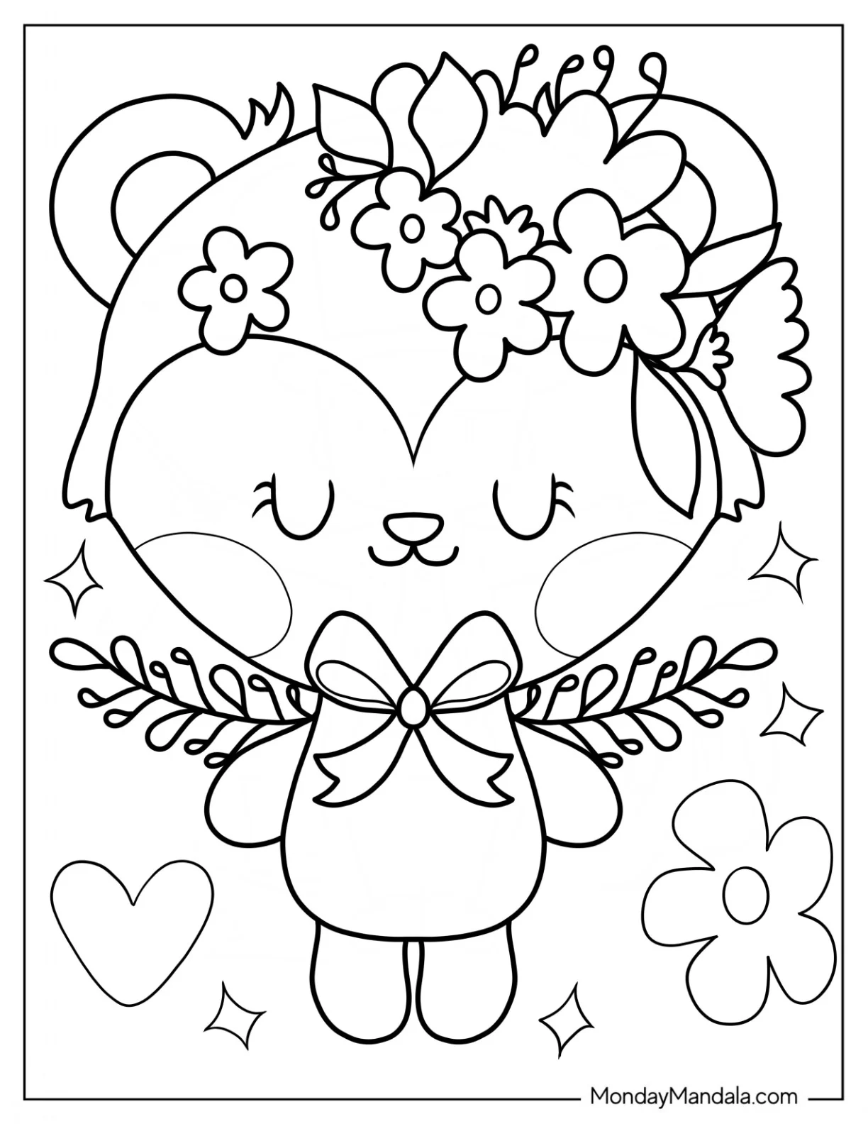Easy Cartoon Bear With Flower Crown And Bow Spring Coloring Page coloring page