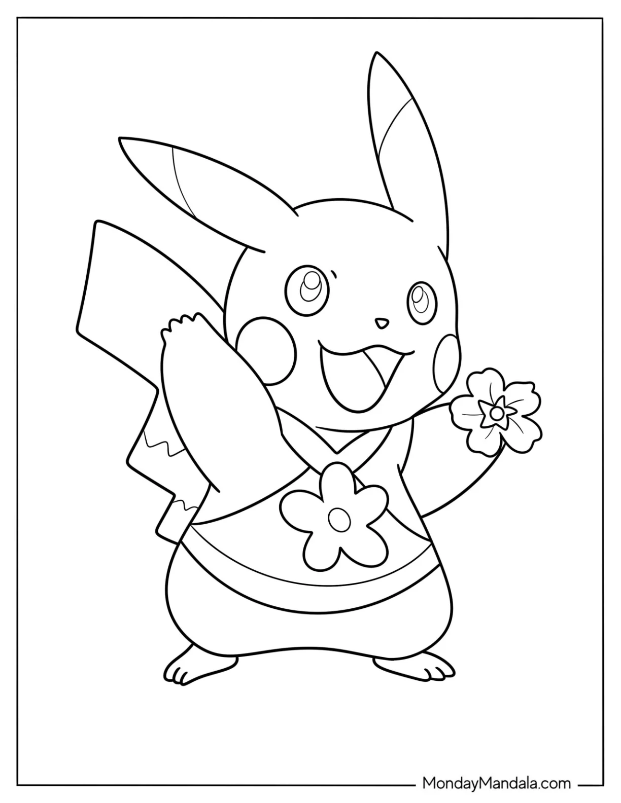 Easy PIkachu Holding A Flower In Spring Coloring Sheet For Kids coloring page