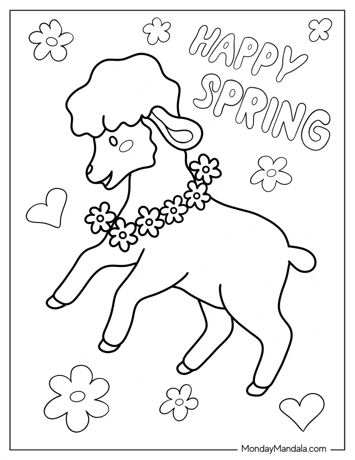 Easy Sheep With Flower Necklace Spring Coloring Page coloring page
