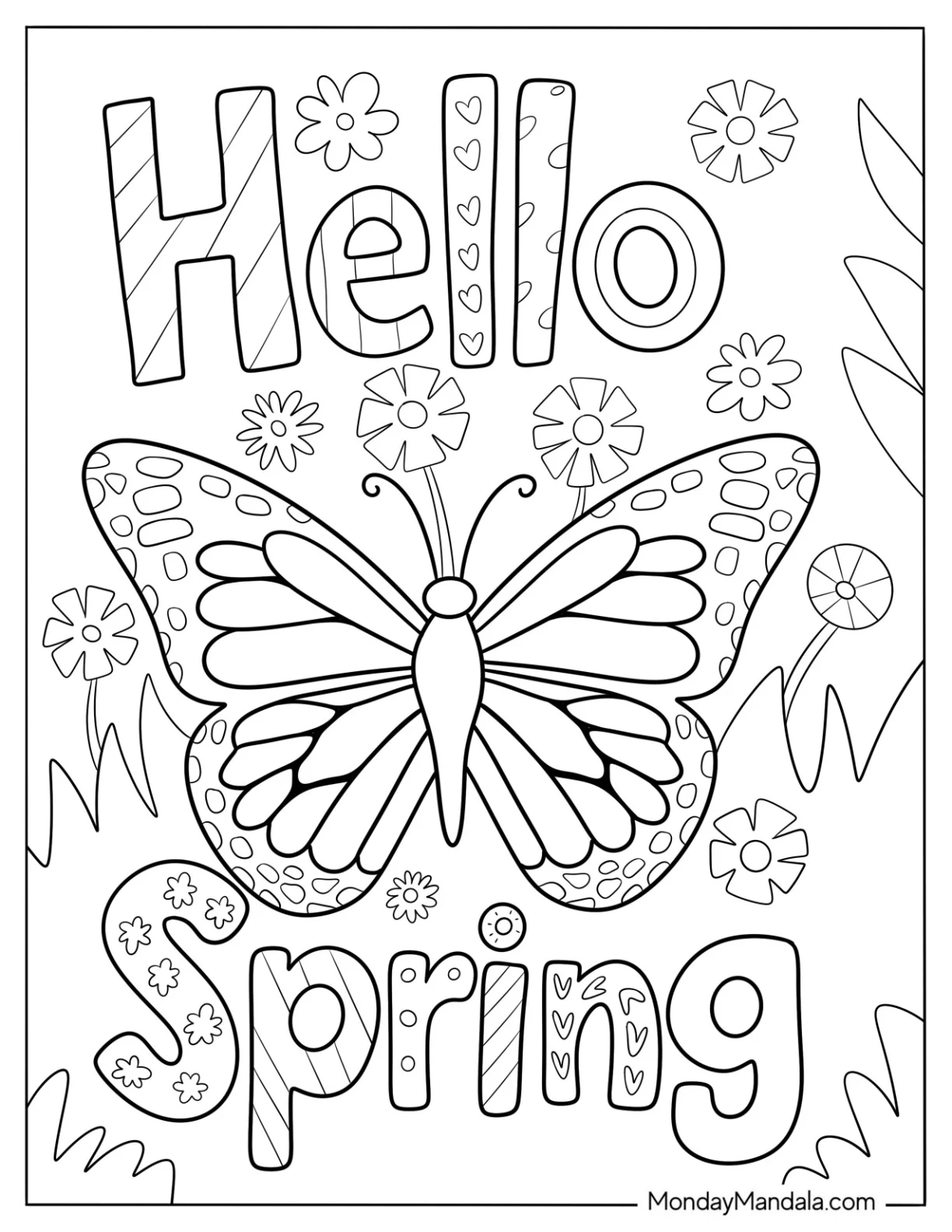Festive Hello Spring Words With Butterfly In The Garden coloring page — printable line art