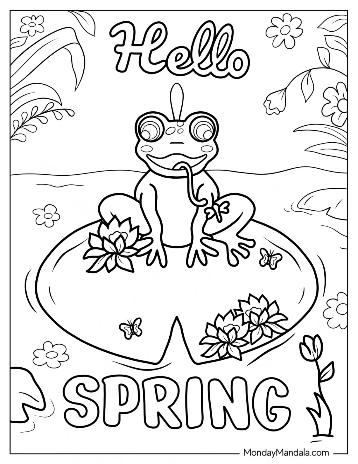 Frog On Lily Pad In Spring Coloring Page coloring page — printable line art