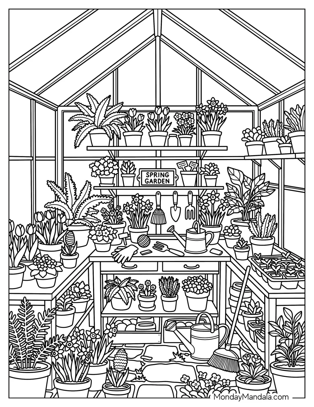Garden Greenhouse with Potted Plants in Spring coloring page — printable line art