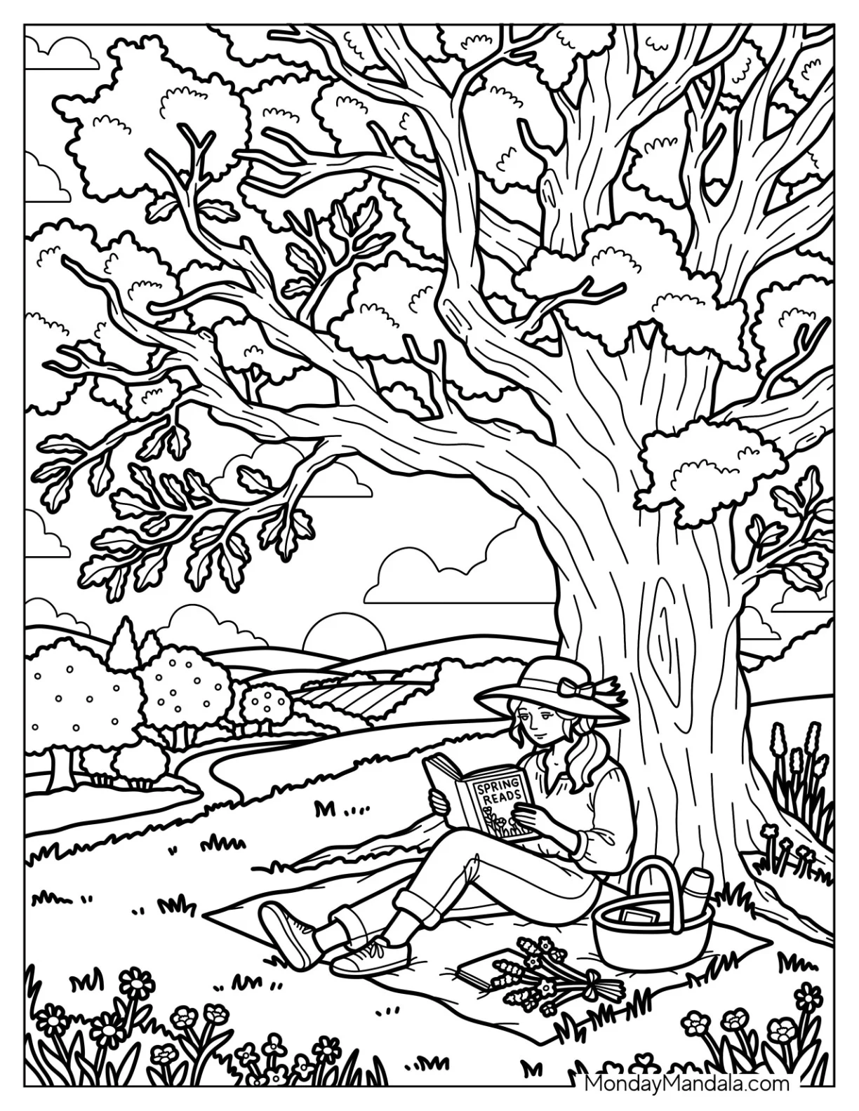 Girl Reading Under a Large Tree in Spring Coloring Page coloring page