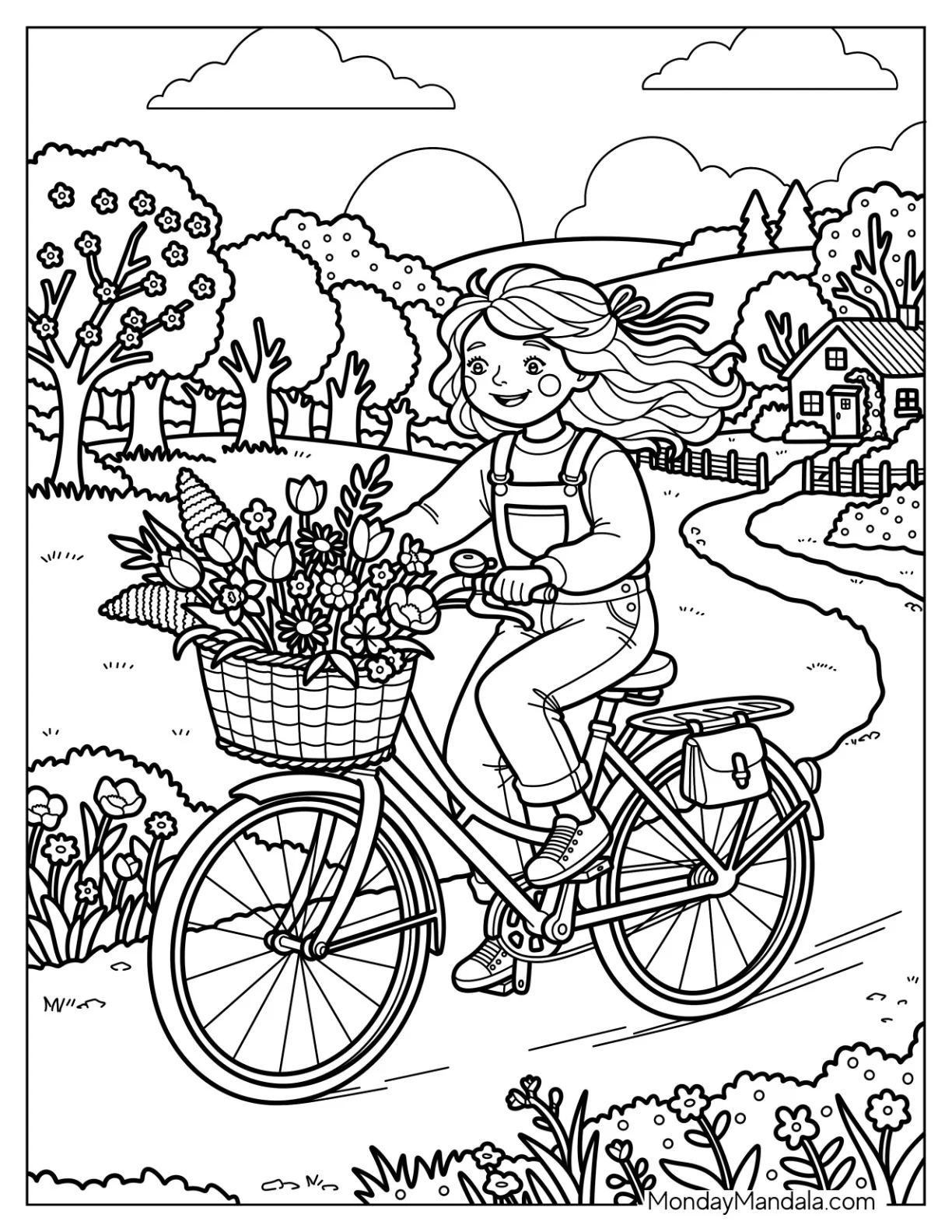 Girl Riding a Bicycle Through a Spring Flower Path Coloring Sheet coloring page — printable line art
