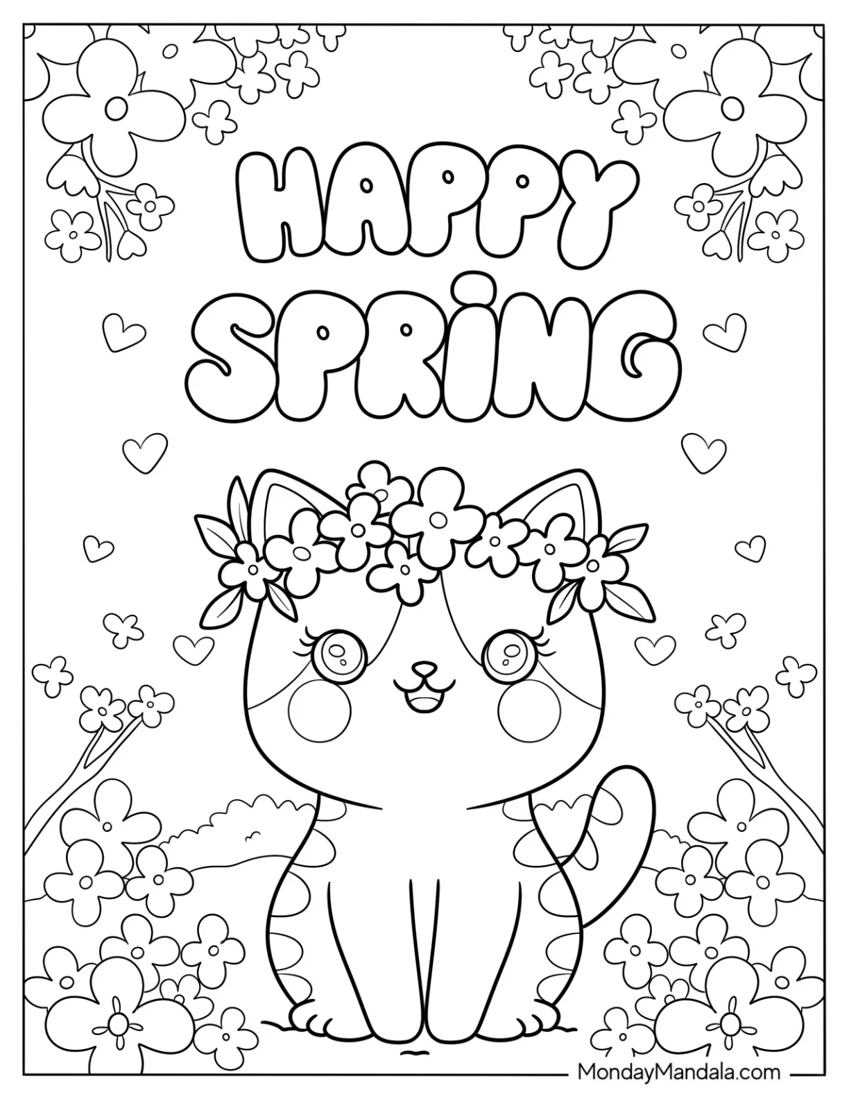 Happy Spring Words Above A Cat Wearing A Flower Wreath Coloring Sheet coloring page — printable line art