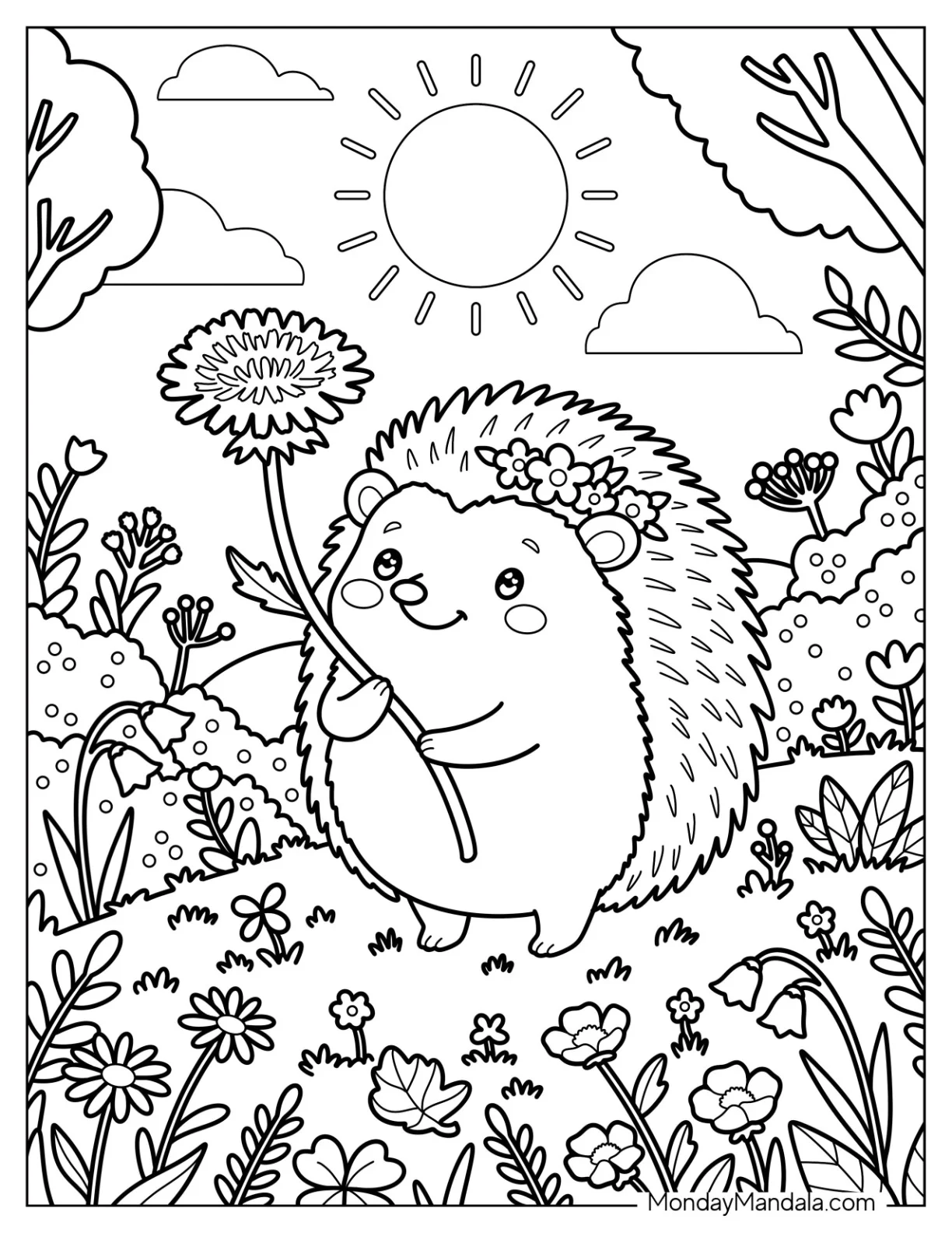 Hedgehog Holding a Dandelion in Spring Coloring Sheet coloring page — printable line art