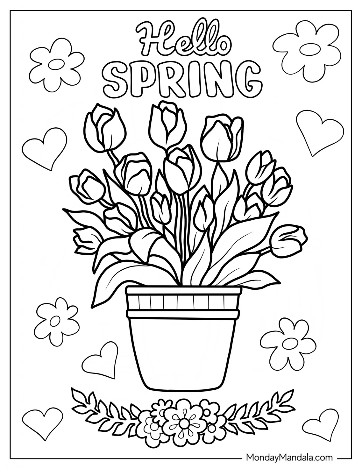 Hello Spring Coloring Page Flower Bouquet coloring page — printable line art