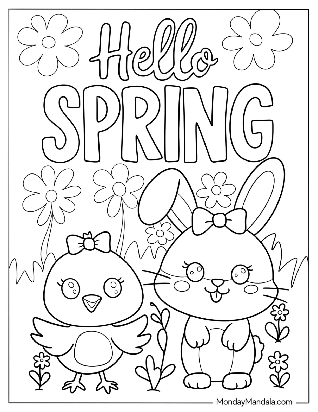 Hello Spring Words Above Rabbit And Bird In Spring Coloring Page coloring page