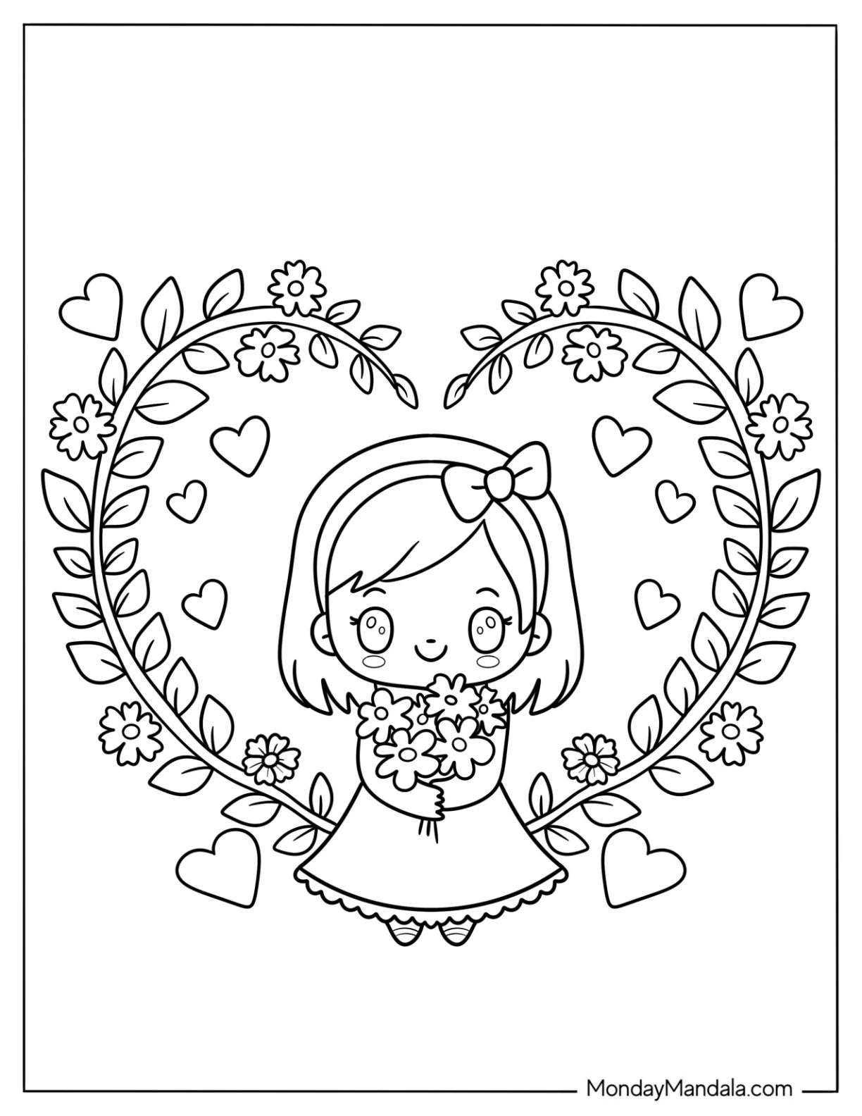 Kawaii Chibi Girl Standing In The Middle Of A Floral Love Heart coloring page
