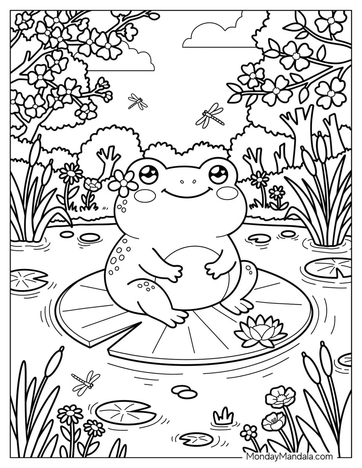 Kawaii Frog Sitting on a Lily Pod in Spring Coloring Sheet for Kids coloring page
