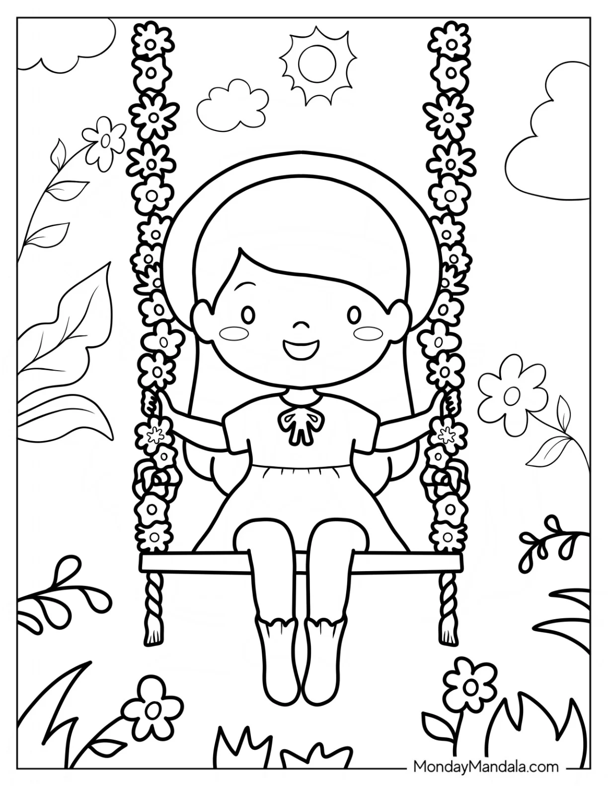 Kawaii Girl On Floral Swing In Spring Coloring Page Coloring Page For Kids coloring page