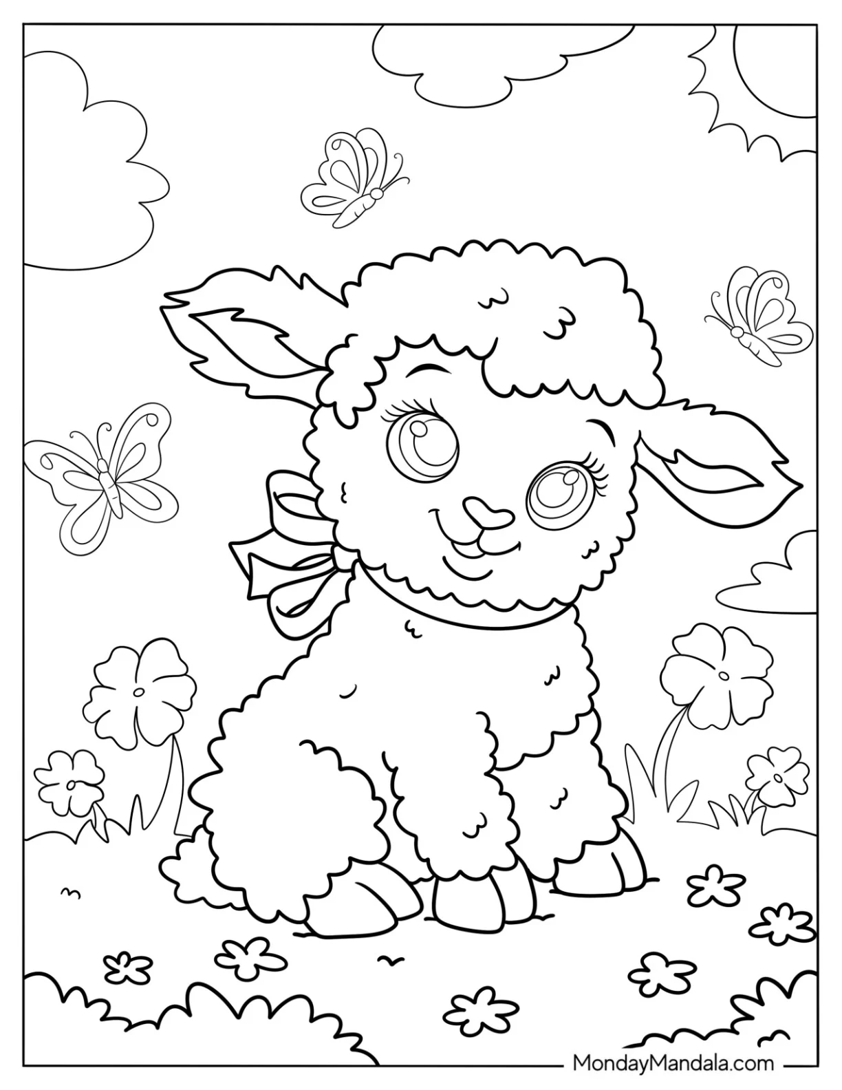 Kawaii Sheep With A Bow Sitting In The Middle Of A Garden In Spring coloring page — printable line art