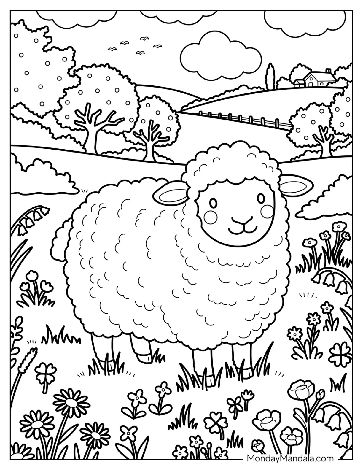 Lamb in a Flower Meadow During Spring Coloring Page coloring page