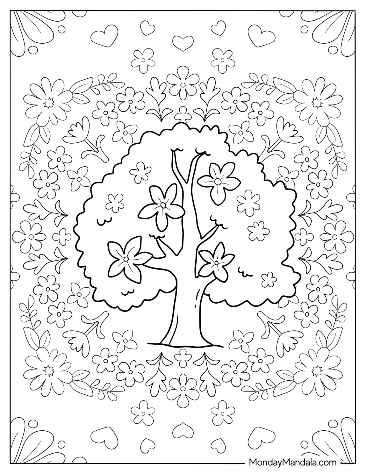 Large Tree Blooming Flowers In Spring Coloring Page coloring page — printable line art