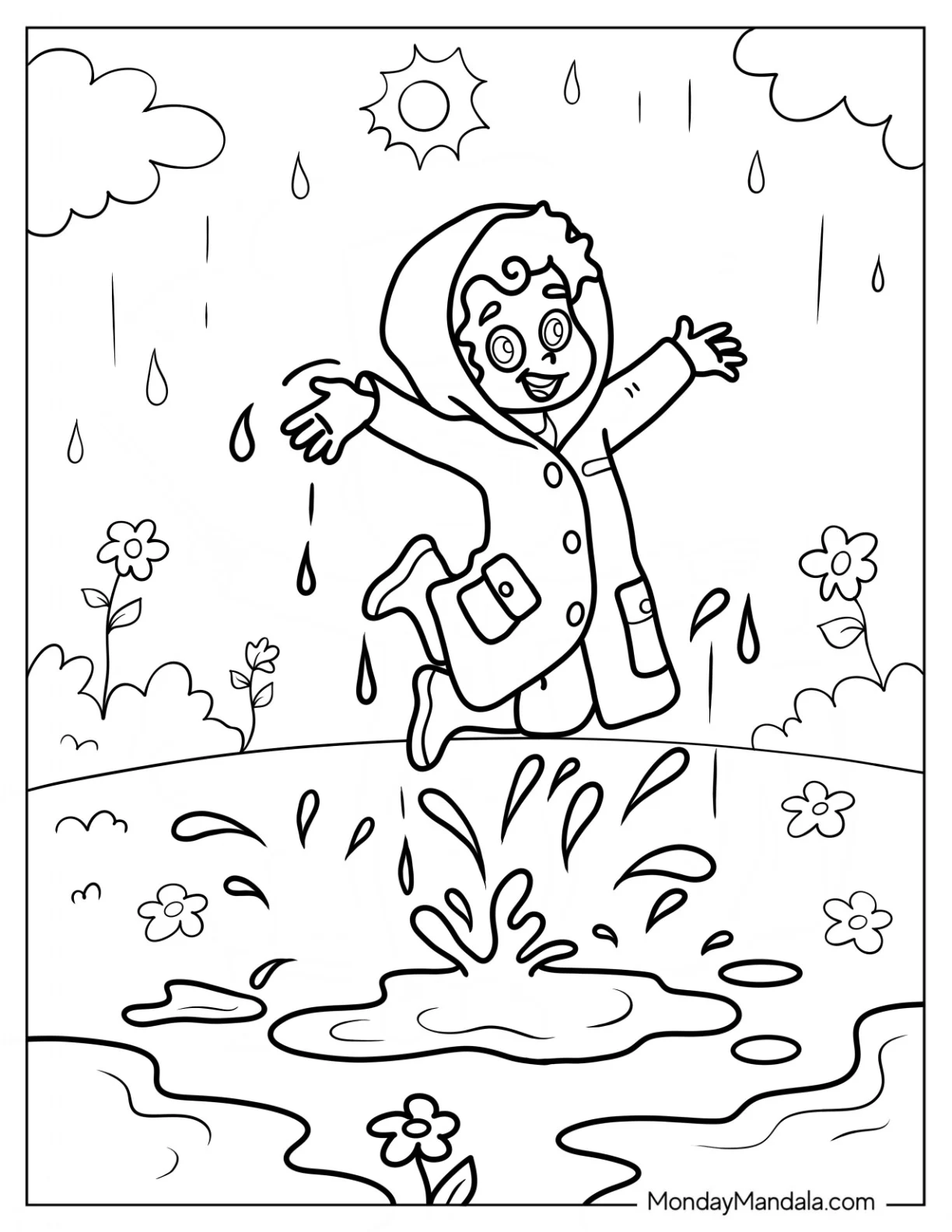 Little Boy Dancing In Spring Coloring Page Rain For Kids coloring page — printable line art