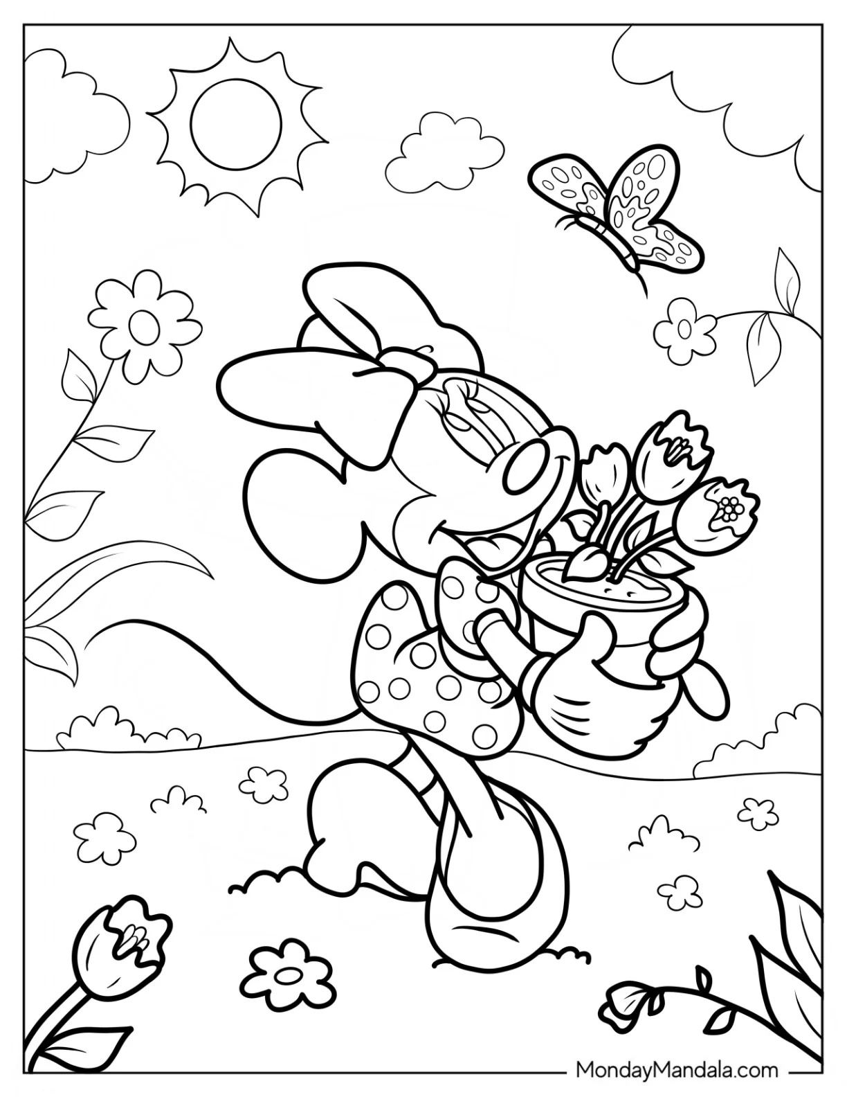 Minnie Mouse Carrying Spring Coloring Page Flower Pot coloring page — printable line art
