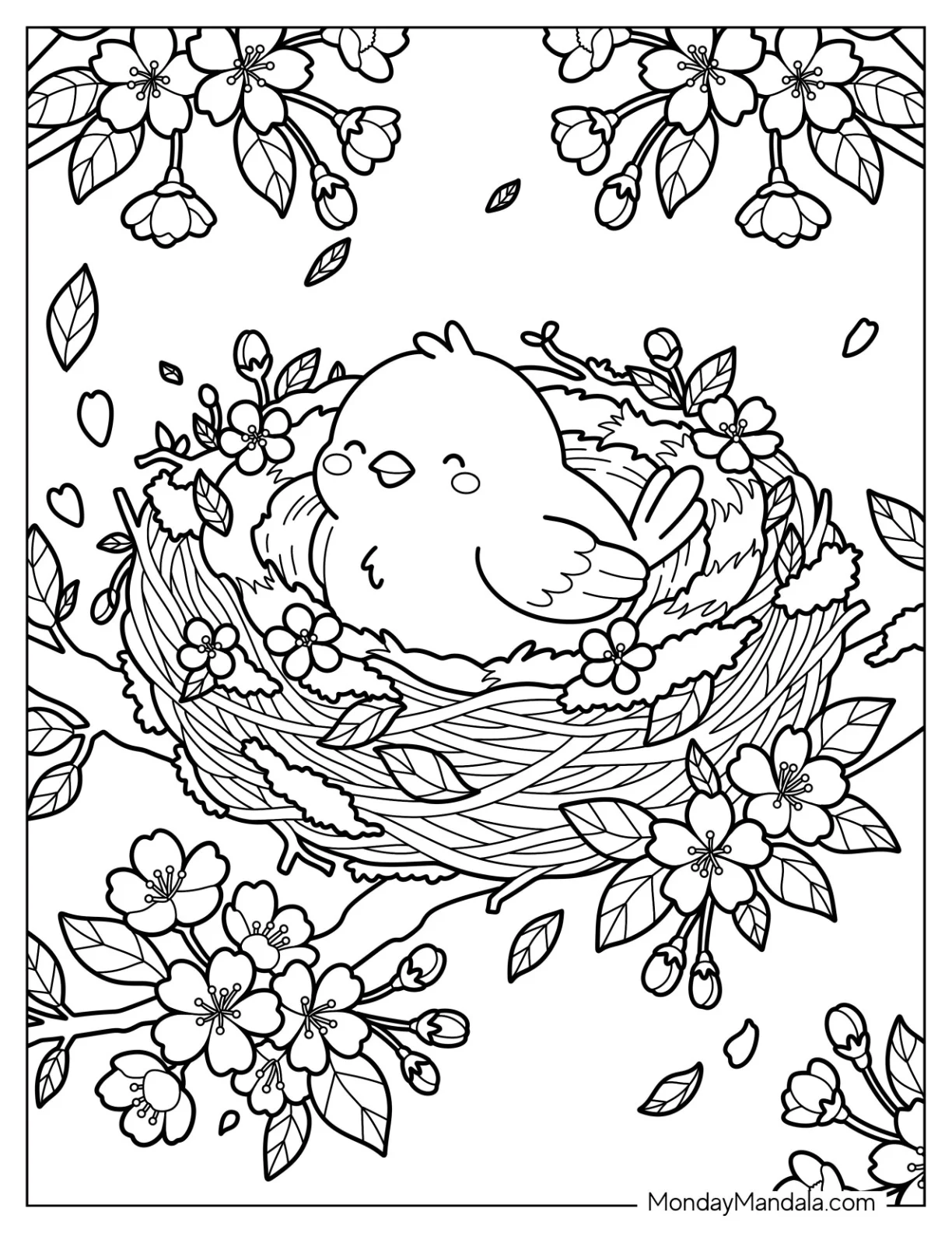 Newborn Chick in a Nest with Spring Flowers Coloring Sheet coloring page — printable line art