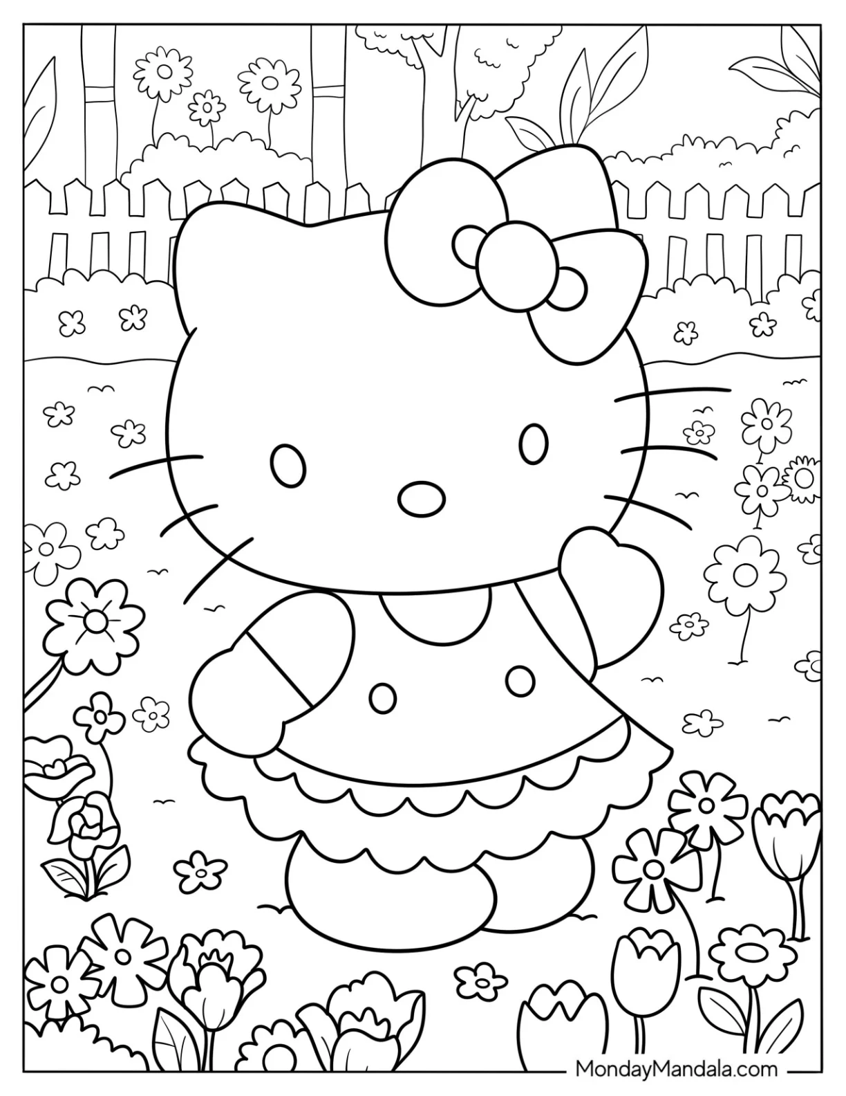 Pretty Hello Kitty In A Flower Garden In Spring Coloring Sheet For Kids coloring page — printable line art