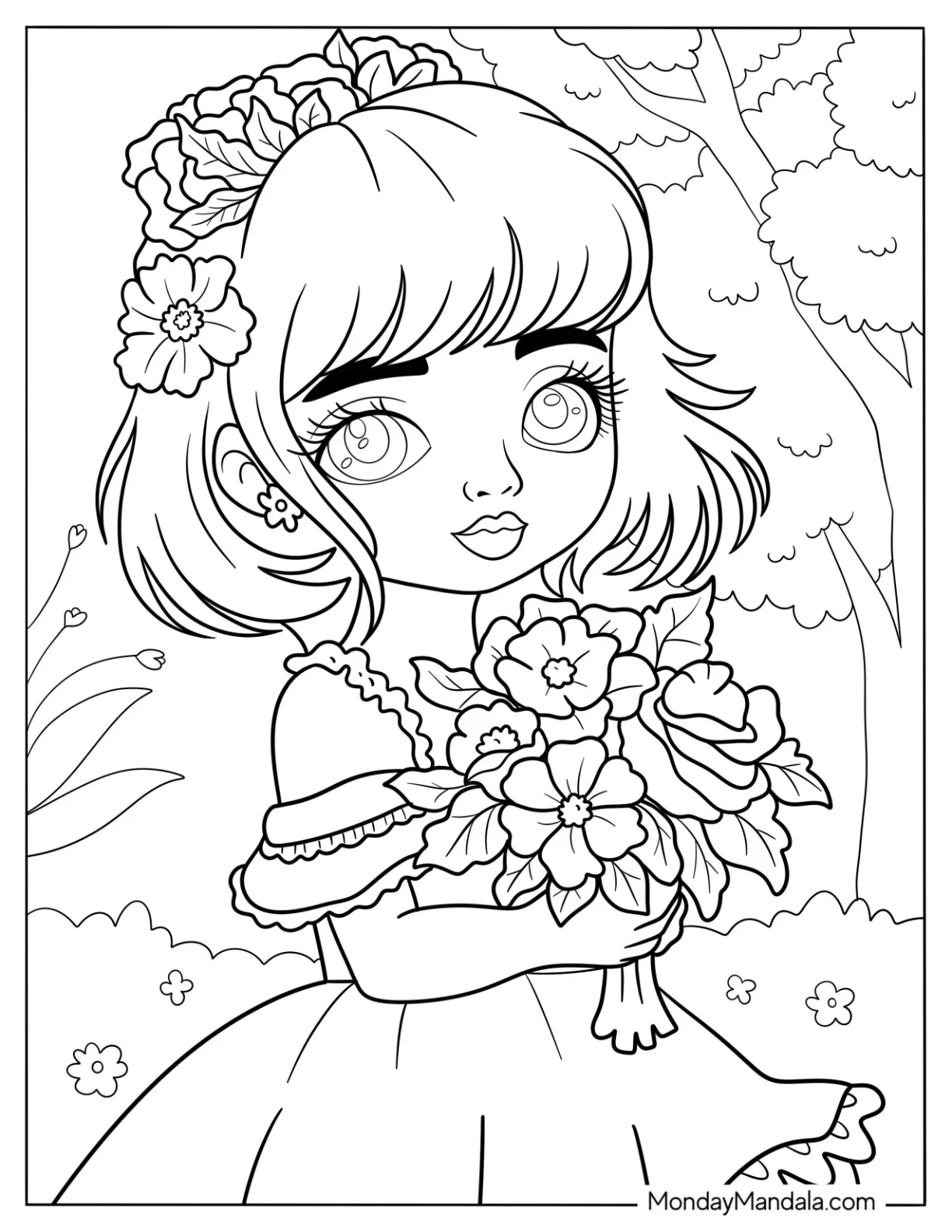 Pretty Little Girl Holding A Flower Bouquet In Spring Coloring Page For Kids coloring page — printable line art