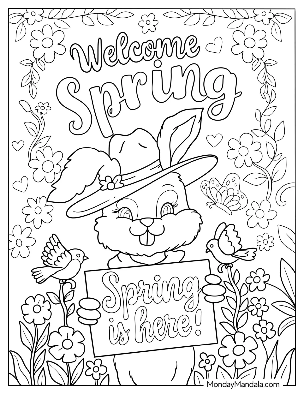Rabbit Holding A Spring Is Here Sign Coloring Sheet coloring page — printable line art