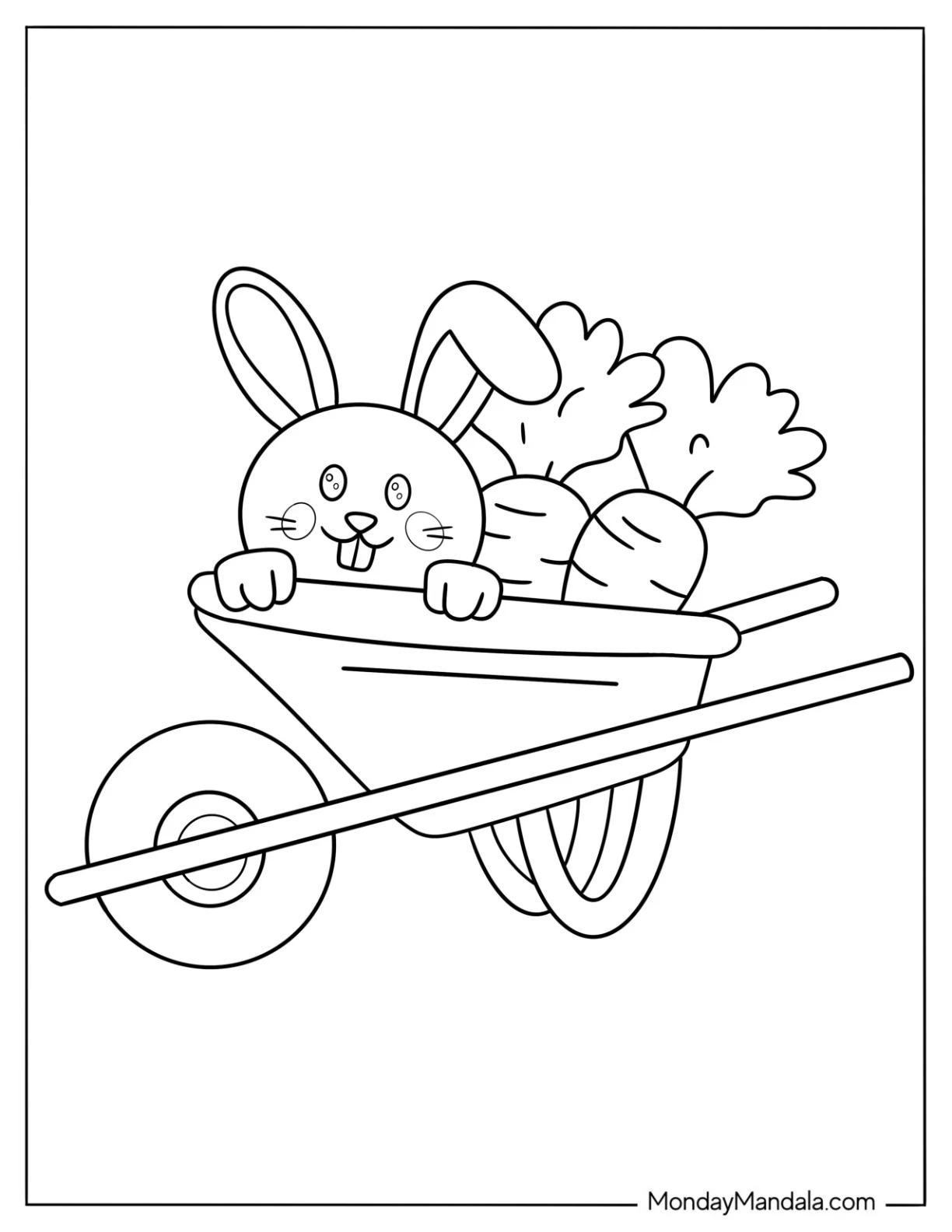 Rabbit In A Wheelbarrow With Carrots In Spring Coloring Sheet For Preschoolers coloring page — printable line art
