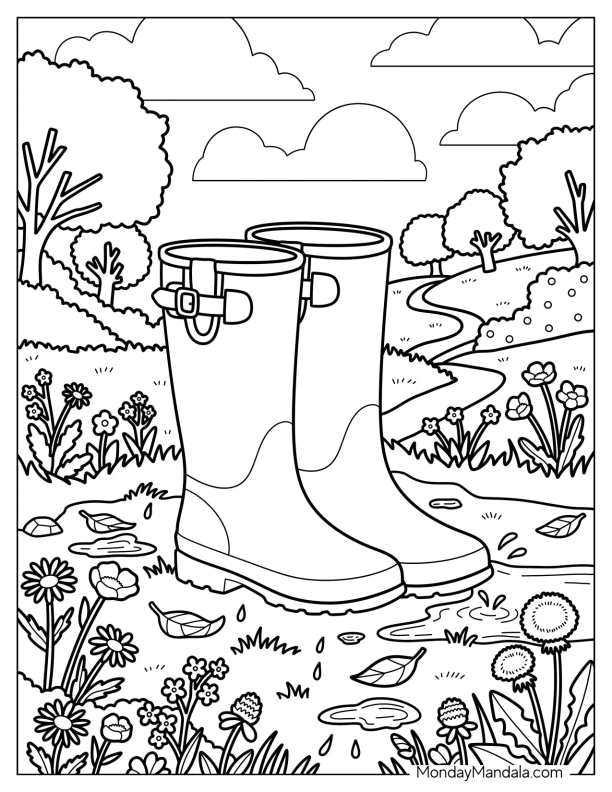 Rain Boots in a Flower Meadow Coloring Page coloring page — printable line art