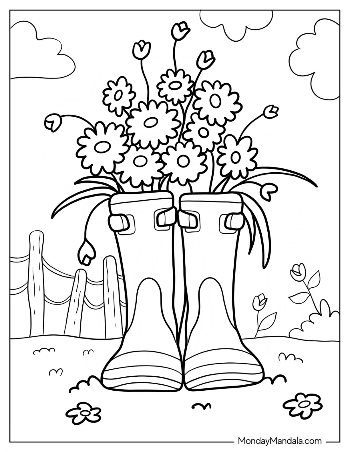 Rainboots Filled With Spring Coloring Page Wildflowers coloring page — printable line art